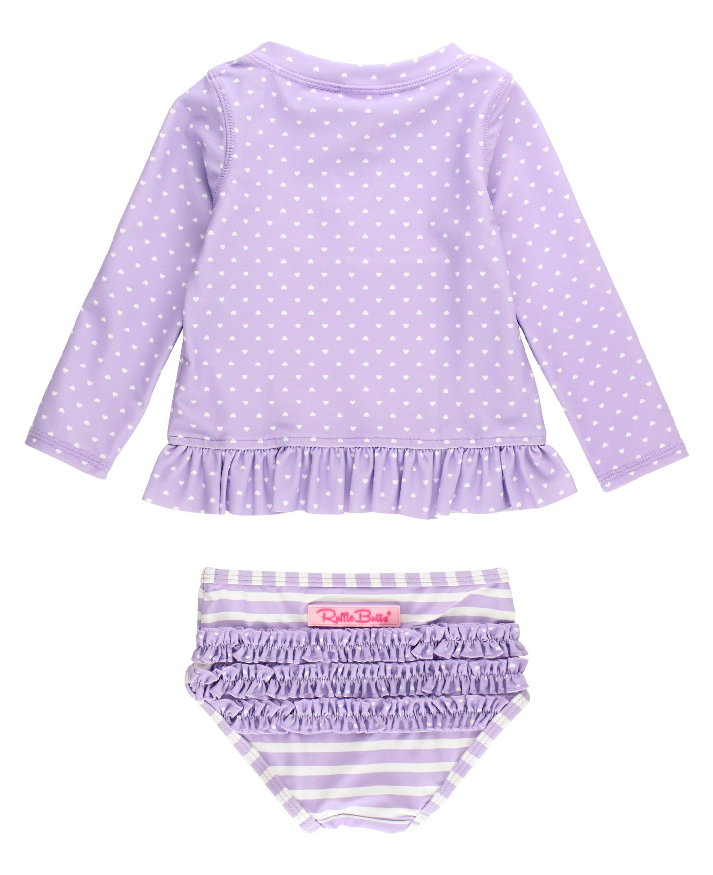 Girls Lavender Heart Polka Dot Long Sleeve Rash Guard 2-Piece Swimsuit with Signature Rear Ruffles