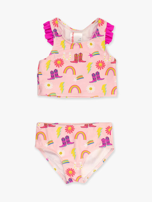 Girls Cowgirl Cutie Racerback Flutter Tankini 2-Piece Swimsuit