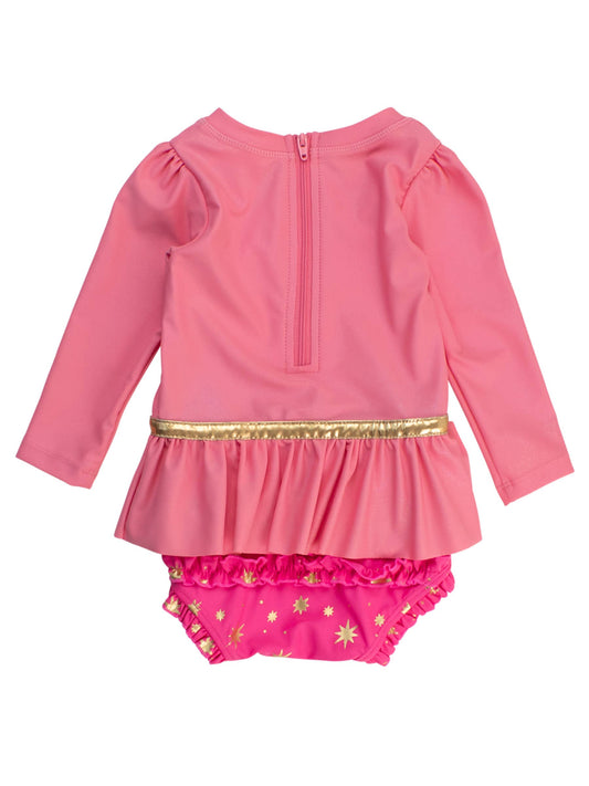 Girls Royal Pink Princess Long Sleeve Bow Skirted One Piece Swimsuit
