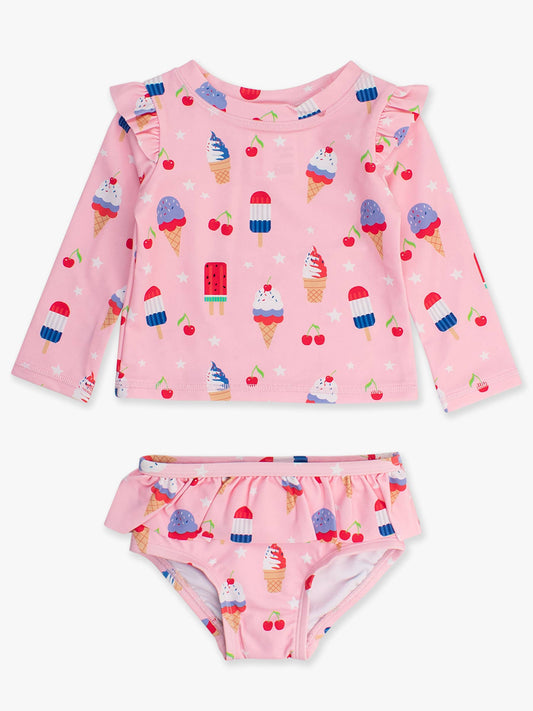 Girls Sweet Freedom Flutter Long Sleeve Rash Guard Skirted 2-Piece Swimsuit