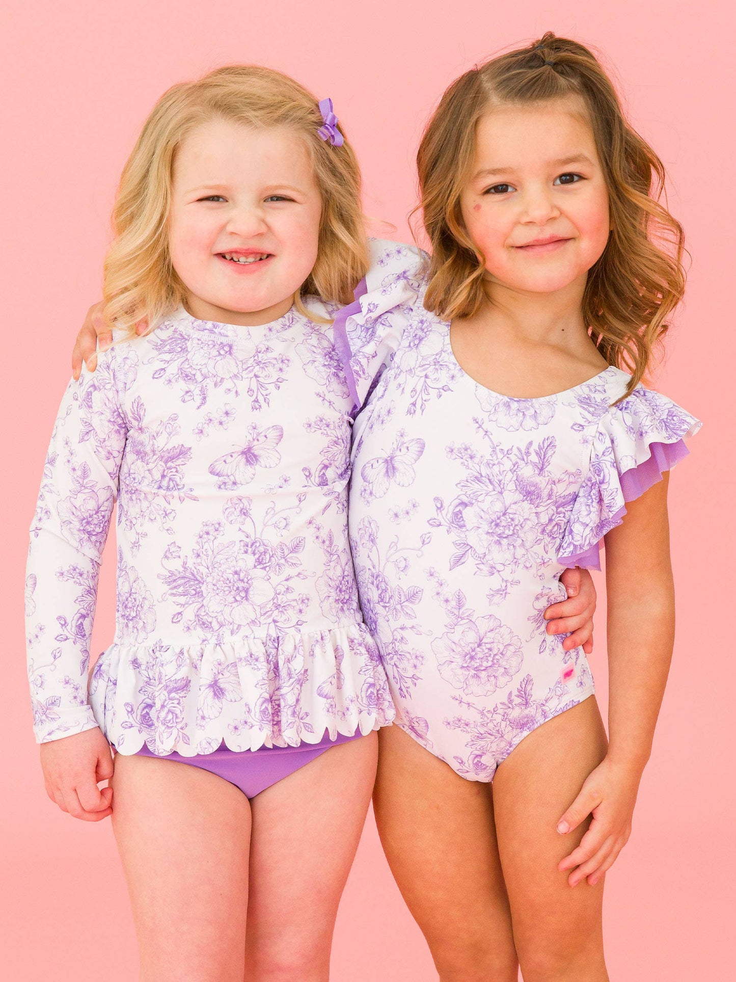 Girls Wisteria Purple Butterfly Garden Toile Scallop Hem Long Sleeve Rash Guard 2-Piece Swimsuit with Signature Rear Ruffles