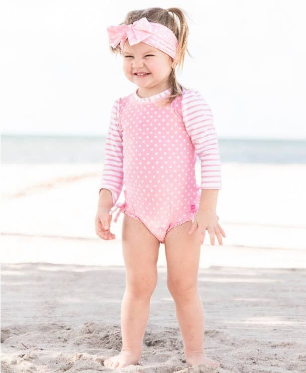 Baby Girls Pink Polka Dot Long Sleeve One Piece Rash Guard Swimsuit with Signature Rear Ruffles