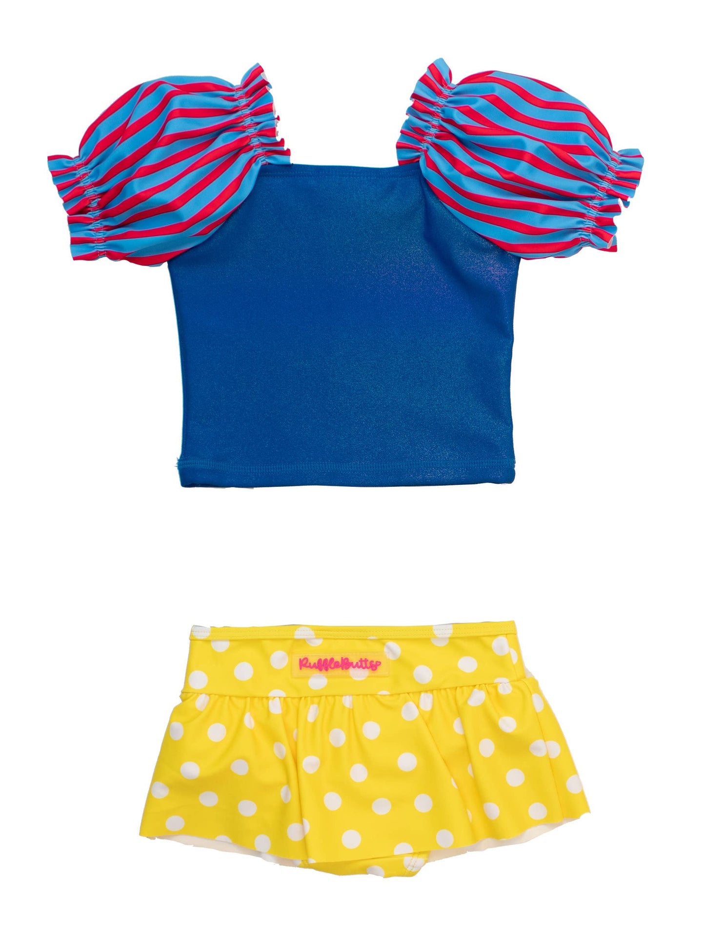 Girls Royal Blue and Yellow Puff Sleeve Skirted 2-Piece Swimsuit