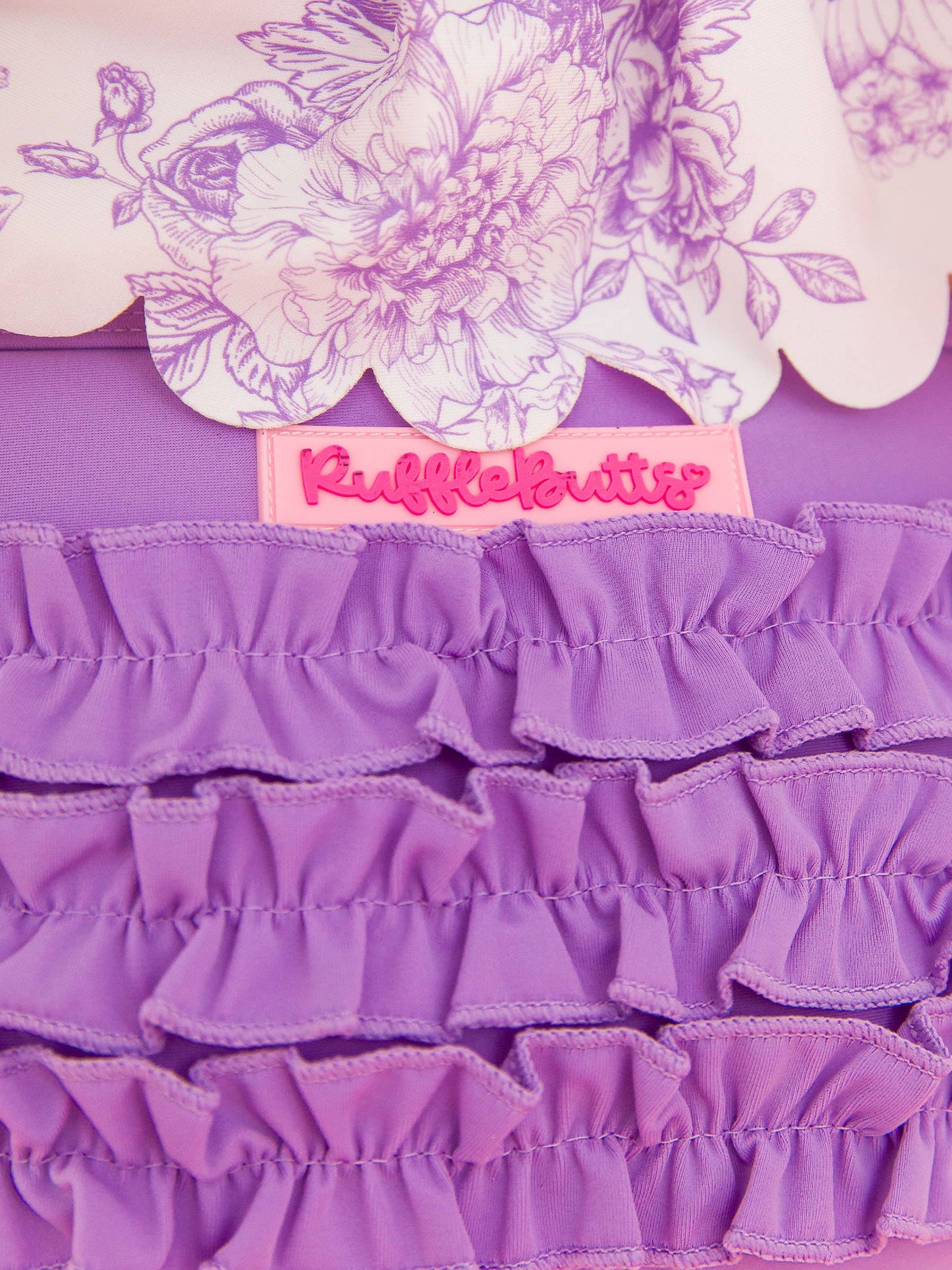 Girls Wisteria Purple Butterfly Garden Toile Scallop Hem Long Sleeve Rash Guard 2-Piece Swimsuit with Signature Rear Ruffles