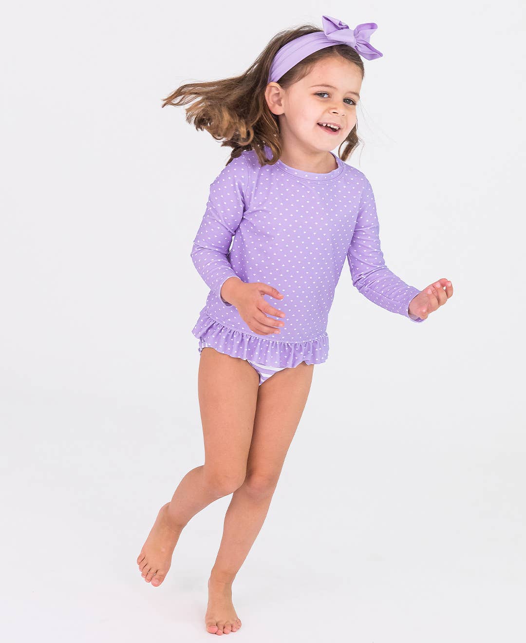 Girls Lavender Heart Polka Dot Long Sleeve Rash Guard 2-Piece Swimsuit with Signature Rear Ruffles