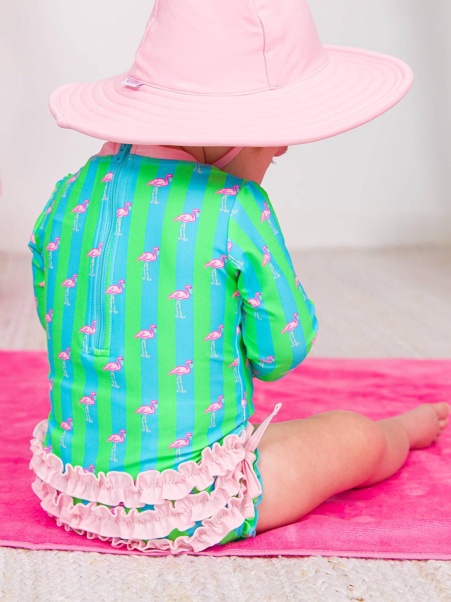 Baby Girls Neon Flamingo Stripe Long Sleeve One Piece Rash Guard Swimsuit with Signature Rear Ruffles
