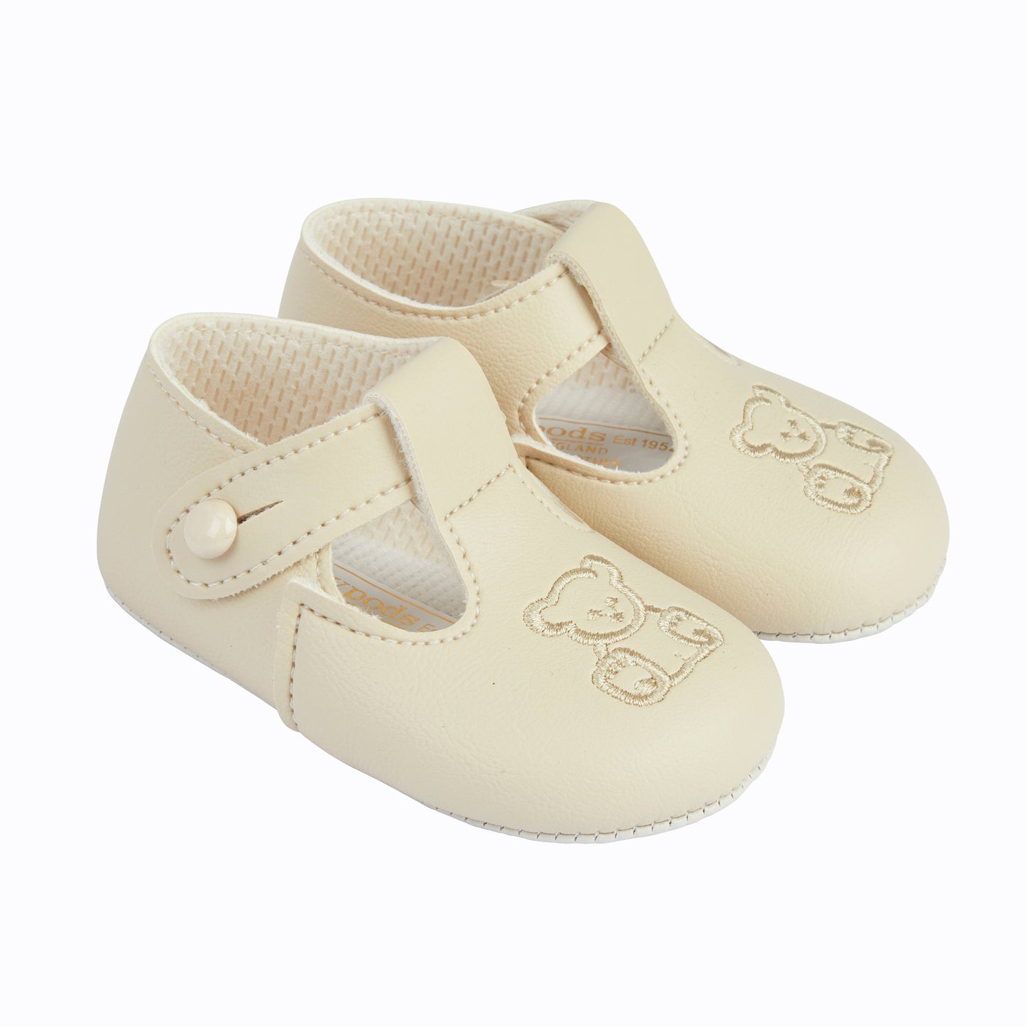 B117 Soft sole baby shoes button T-bar with Teddy embroidery