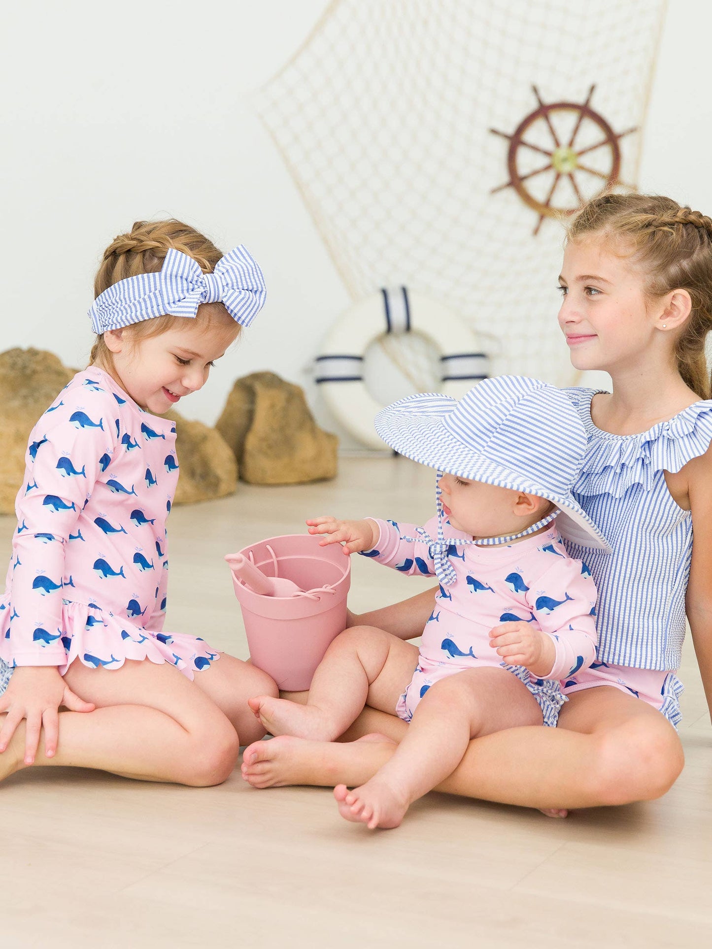 Baby Girls Pink Whale Friends Long Sleeve One Piece Rash Guard Swimsuit with Signature Rear Ruffles