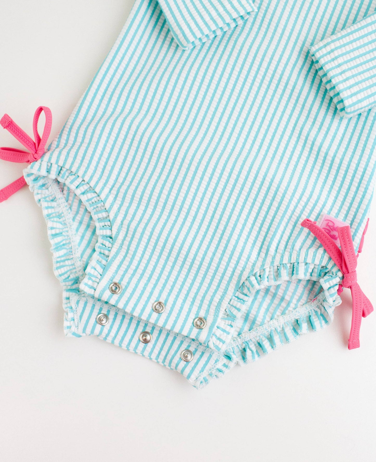 Baby Girls Bright Aqua Seersucker Long Sleeve One Piece Rash Guard Swimsuit with Signature Rear Ruffles