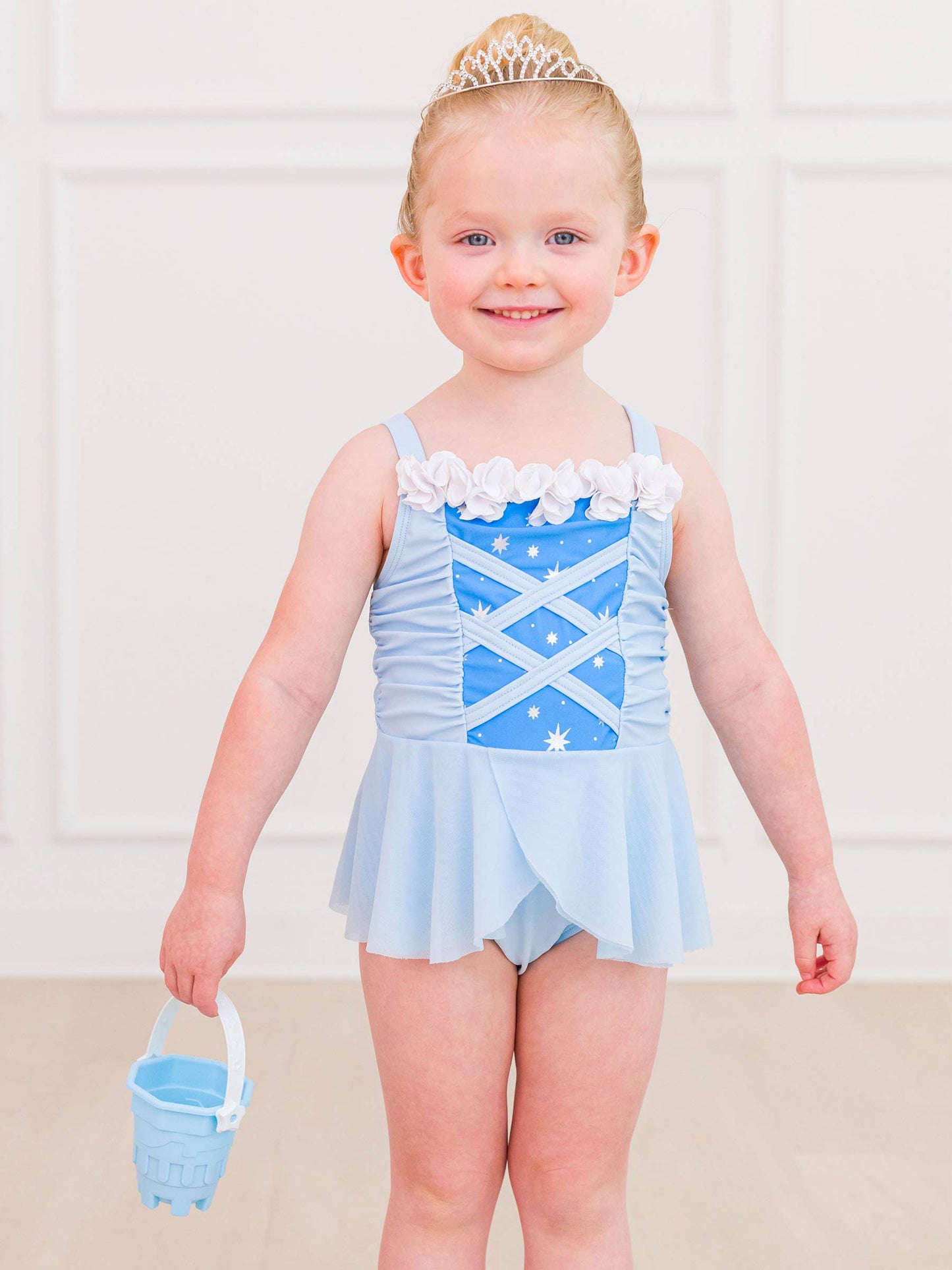 Girls Crystal Blue Princess Dress-Up One Piece Swimsuit