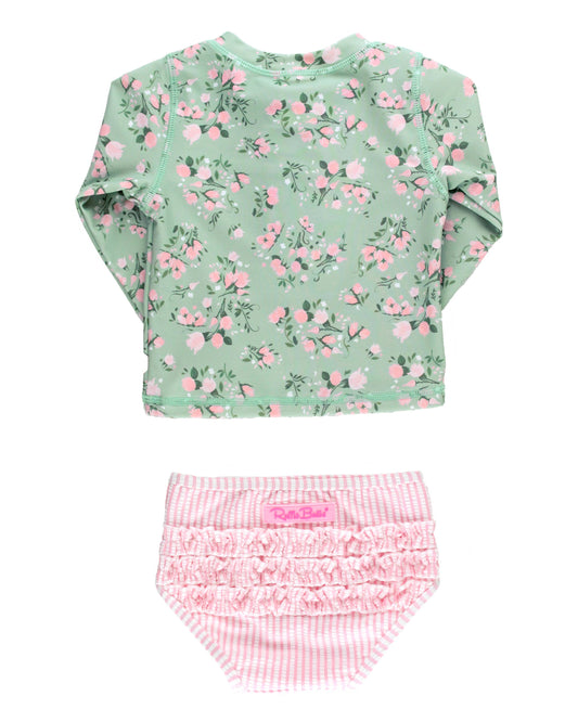 Girls Tea Roses Long Sleeve Zipper Rash Guard 2-Piece Swimsuit with Signature Rear Ruffles