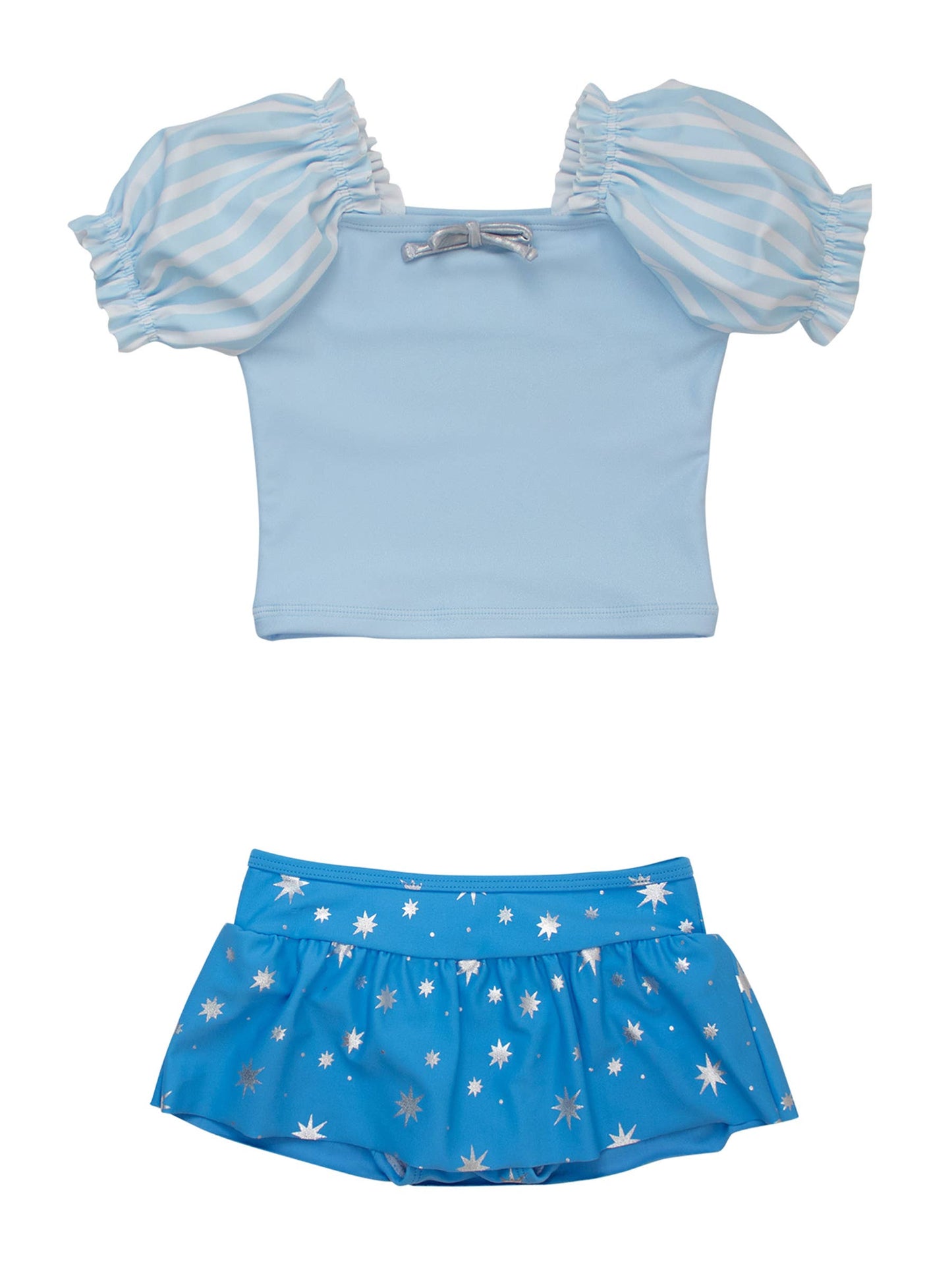 Girls Crystal Blue Princess Puff Sleeve Skirted 2-Piece Swimsuit