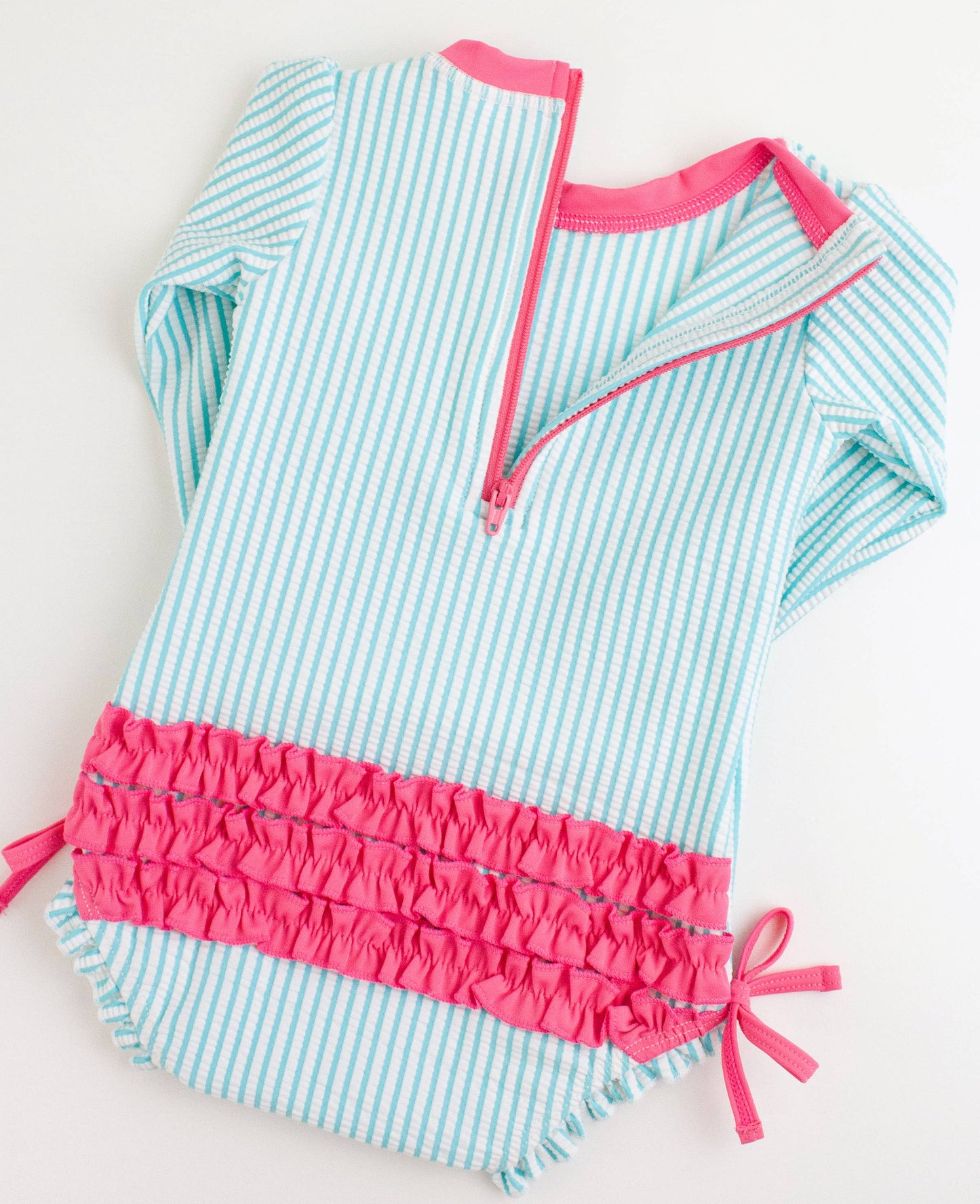 Baby Girls Bright Aqua Seersucker Long Sleeve One Piece Rash Guard Swimsuit with Signature Rear Ruffles