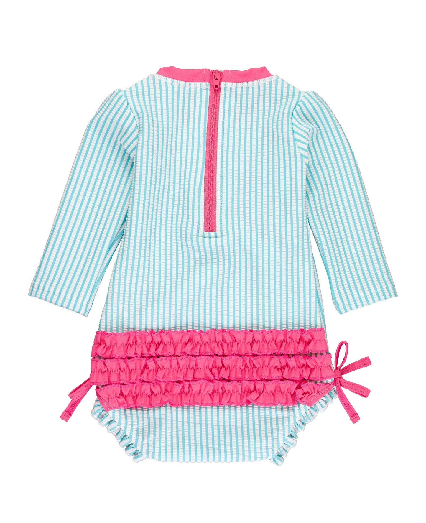 Baby Girls Bright Aqua Seersucker Long Sleeve One Piece Rash Guard Swimsuit with Signature Rear Ruffles