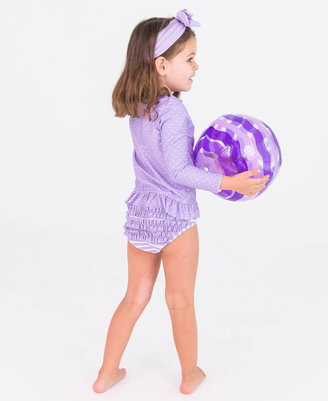 Girls Lavender Heart Polka Dot Long Sleeve Rash Guard 2-Piece Swimsuit with Signature Rear Ruffles