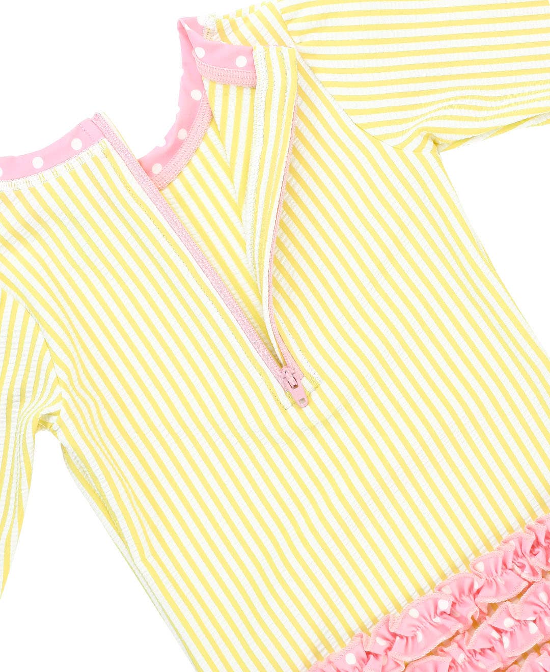 Baby Girls Banana Seersucker Long Sleeve One Piece Rash Guard Swimsuit with Signature Rear Ruffles