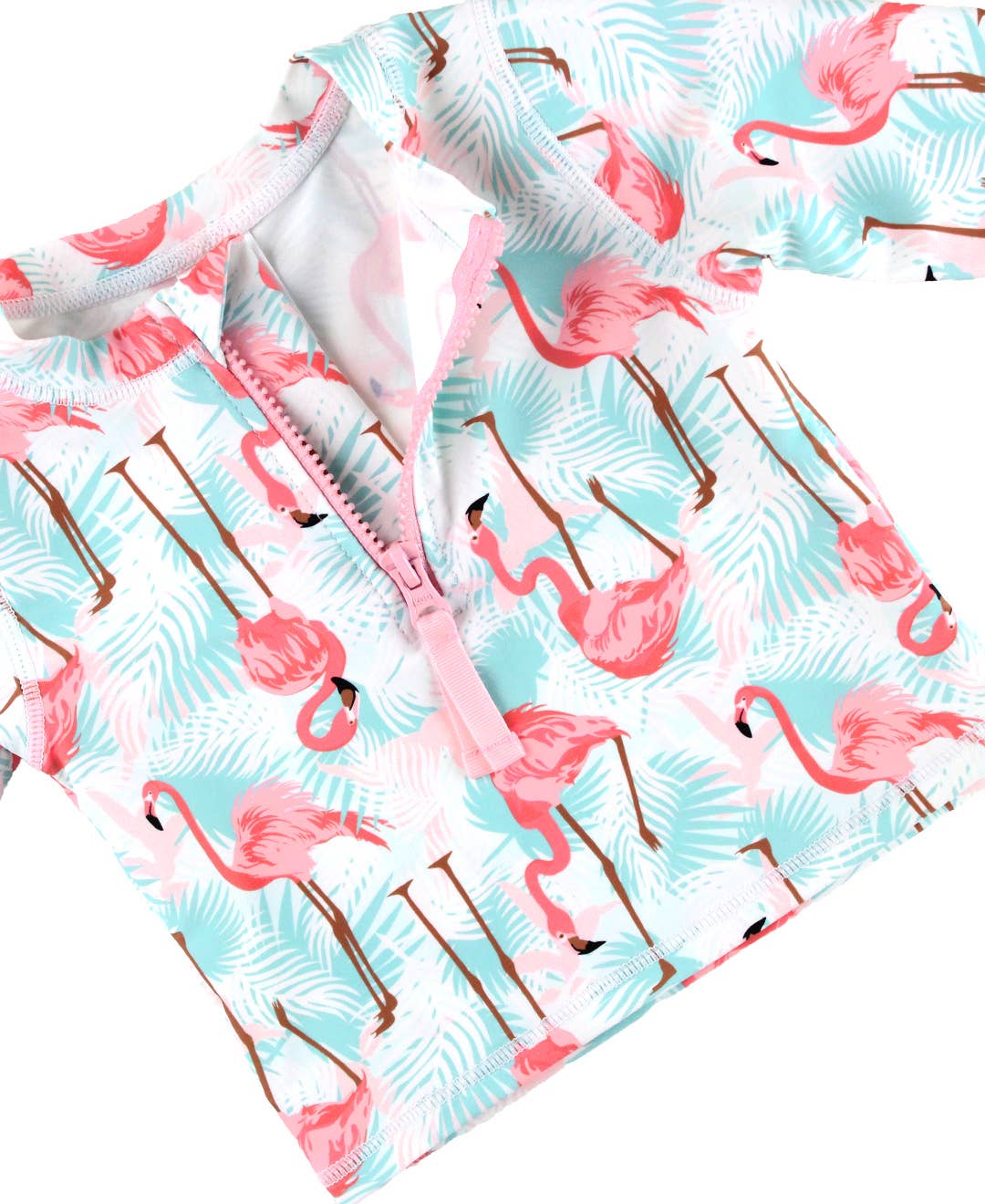 Girls Vibrant Flamingo Long Sleeve Zipper Rash Guard 2-Piece Swimsuit with Signature Rear Ruffles