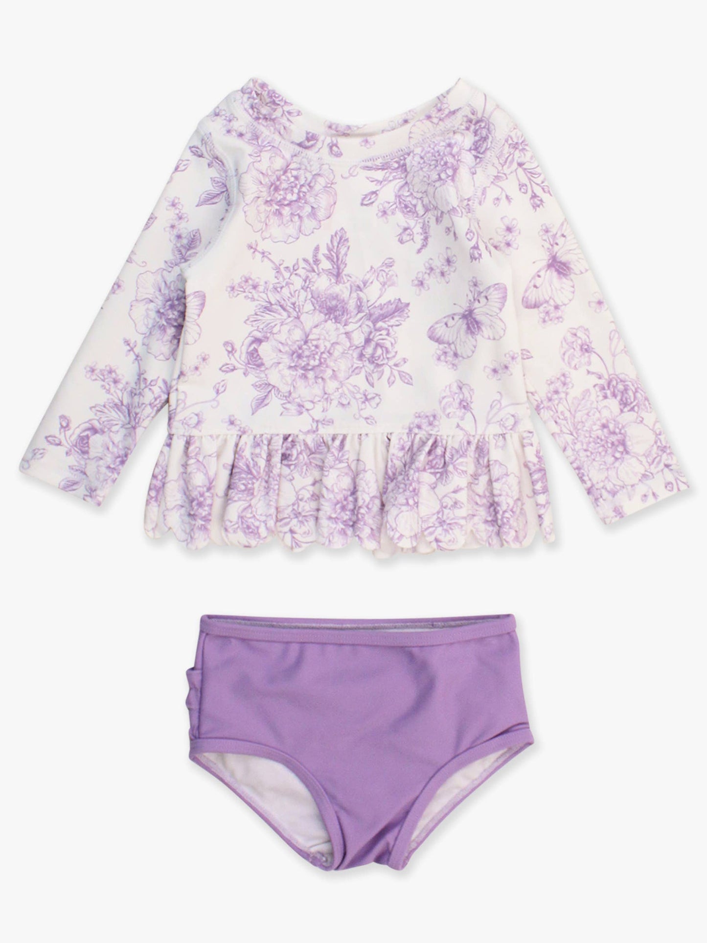 Girls Wisteria Purple Butterfly Garden Toile Scallop Hem Long Sleeve Rash Guard 2-Piece Swimsuit with Signature Rear Ruffles