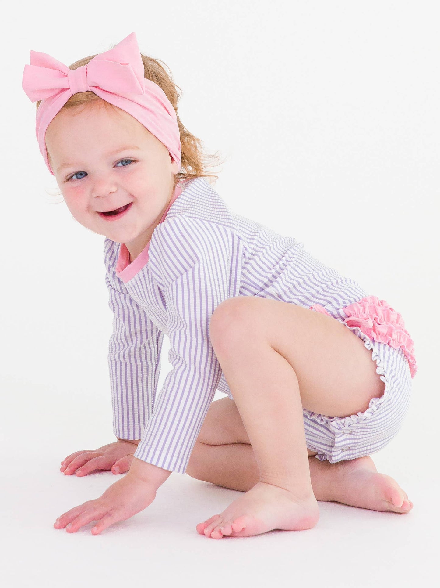 Baby Girls Lavender Seersucker Long Sleeve One Piece Rash Guard Swimsuit with Signature Rear Ruffles