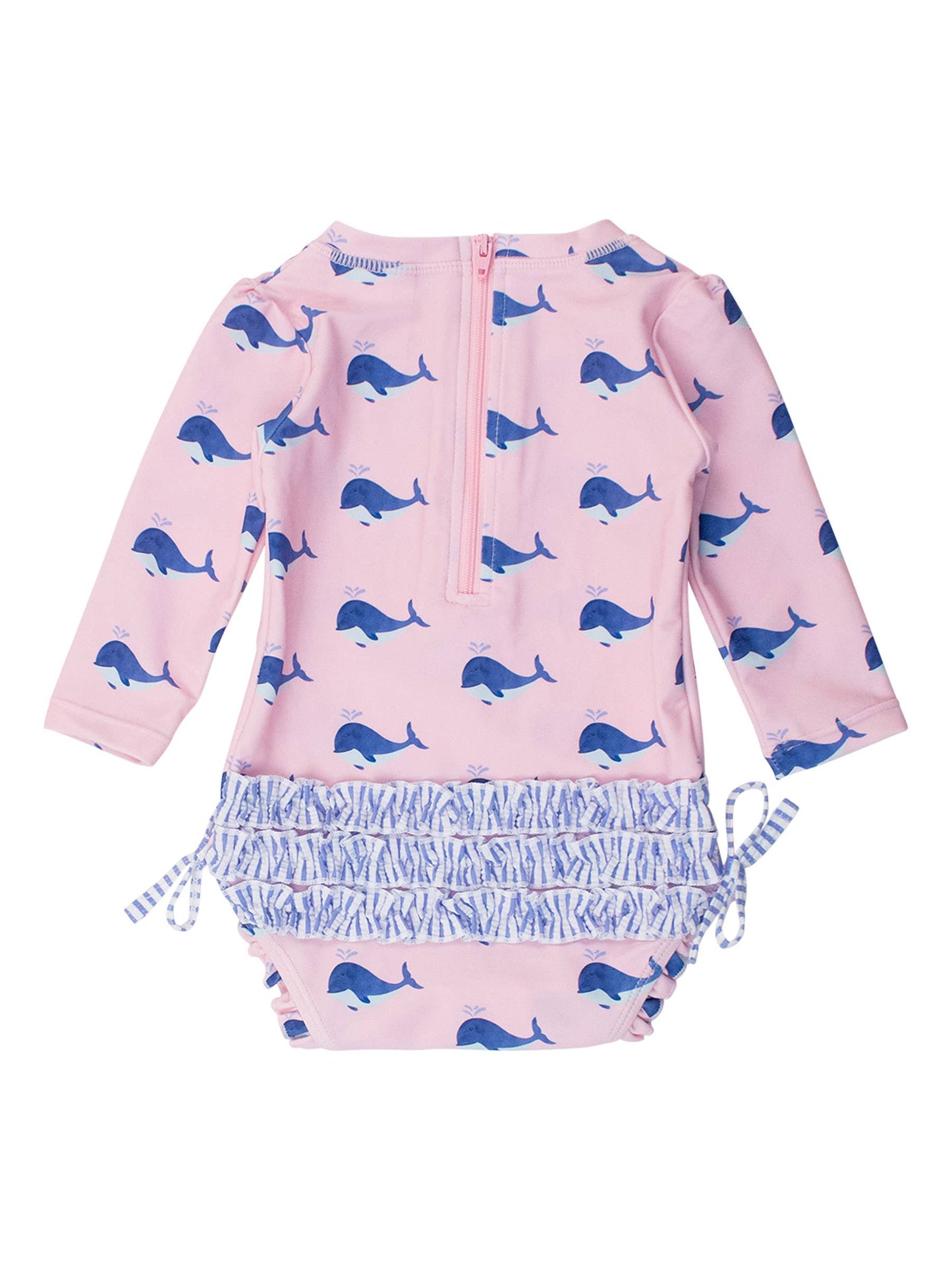 Baby Girls Pink Whale Friends Long Sleeve One Piece Rash Guard Swimsuit with Signature Rear Ruffles