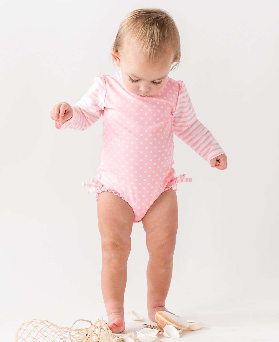 Baby Girls Pink Polka Dot Long Sleeve One Piece Rash Guard Swimsuit with Signature Rear Ruffles