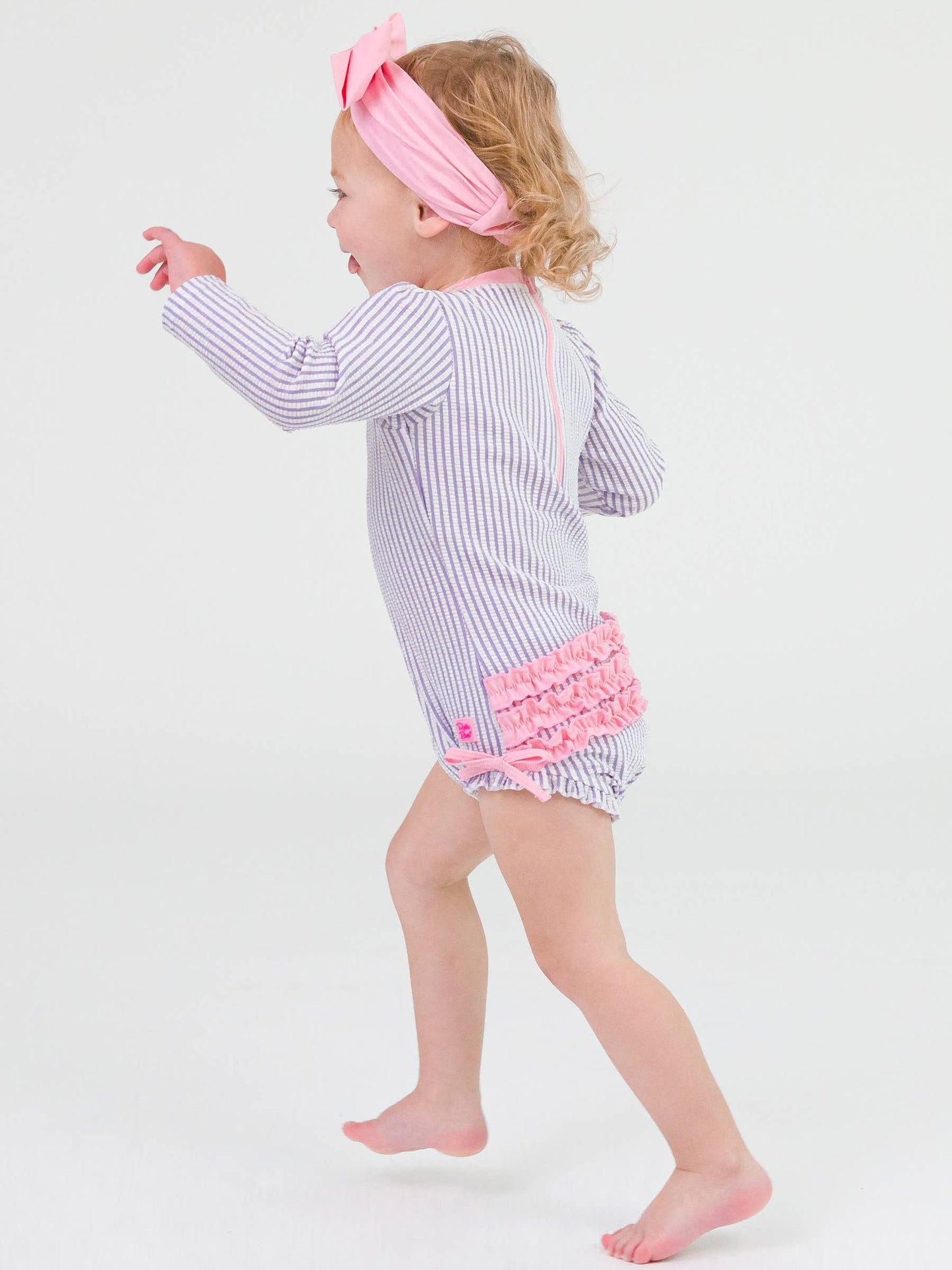 Baby Girls Lavender Seersucker Long Sleeve One Piece Rash Guard Swimsuit with Signature Rear Ruffles