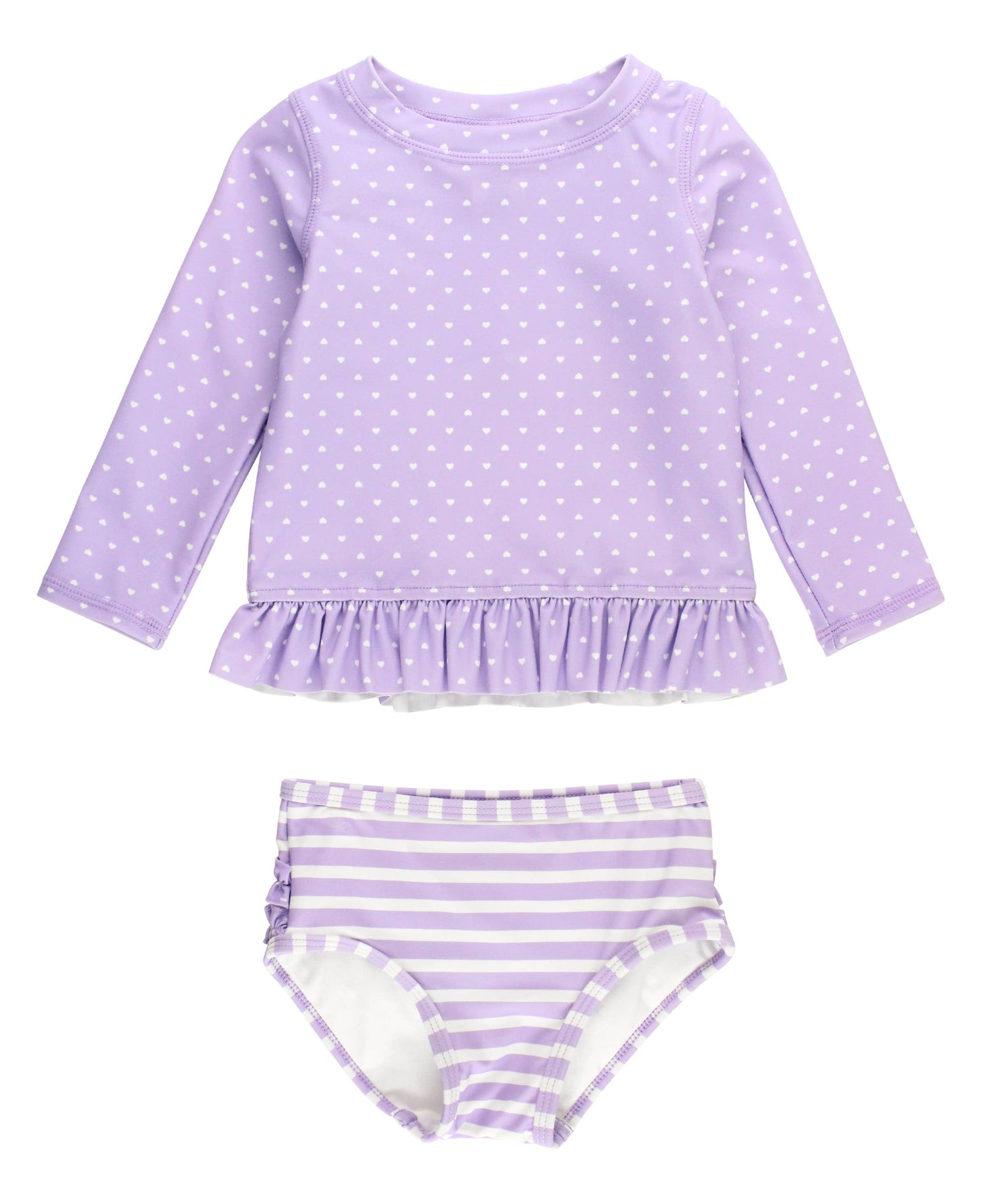 Girls Lavender Heart Polka Dot Long Sleeve Rash Guard 2-Piece Swimsuit with Signature Rear Ruffles