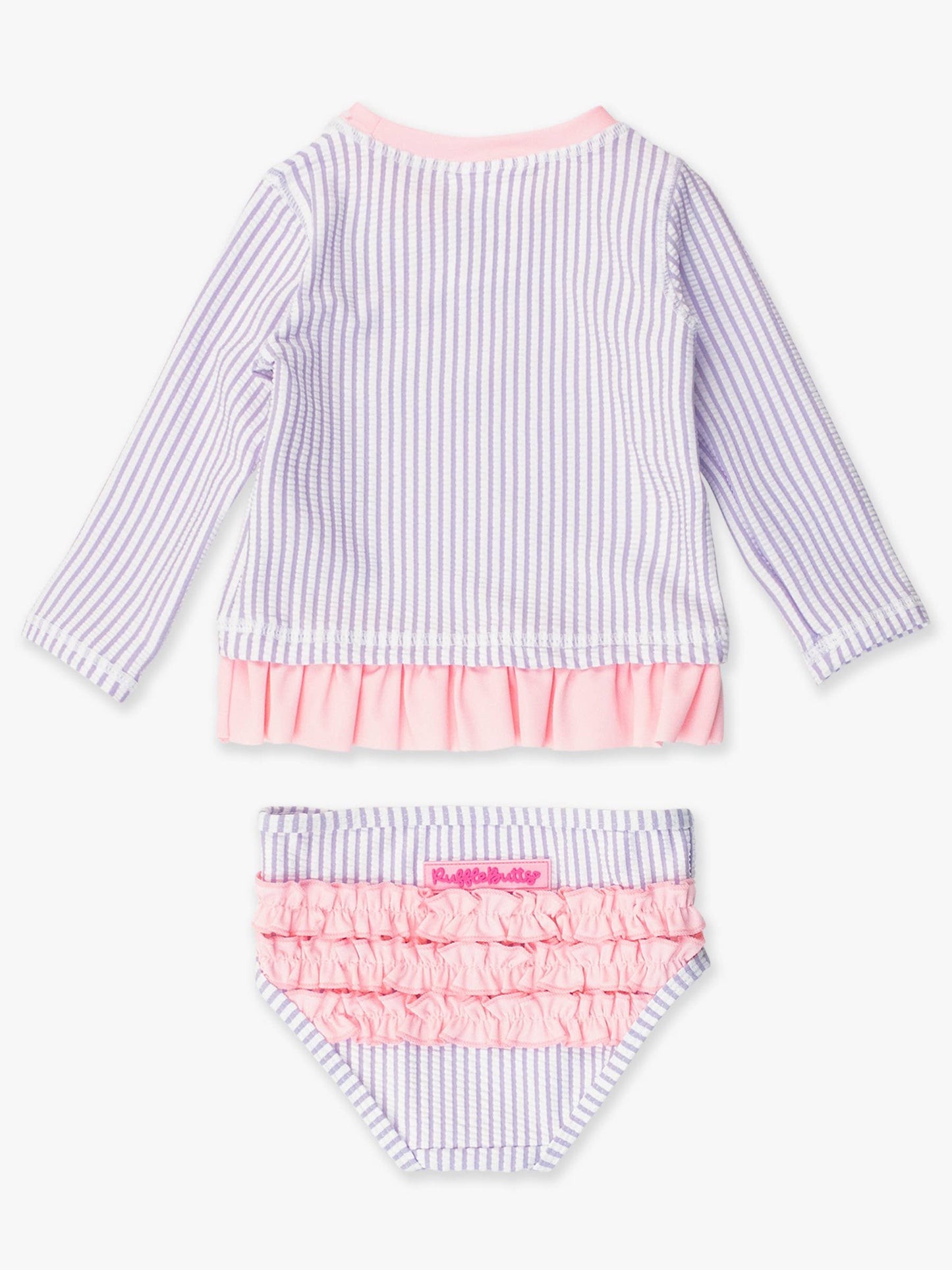 Girls Lavender Seersucker Long Sleeve Rash Guard 2-Piece Swimsuit with Signature Rear Ruffles