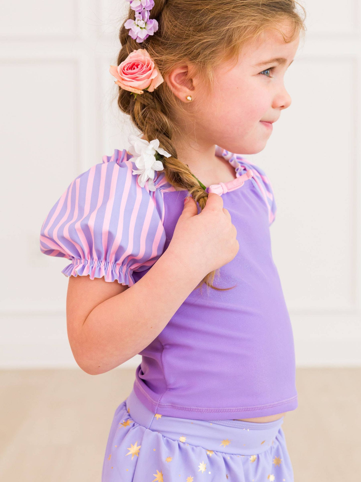 Girls Amethyst Princess Puff Sleeve Skirted 2-Piece Swimsuit