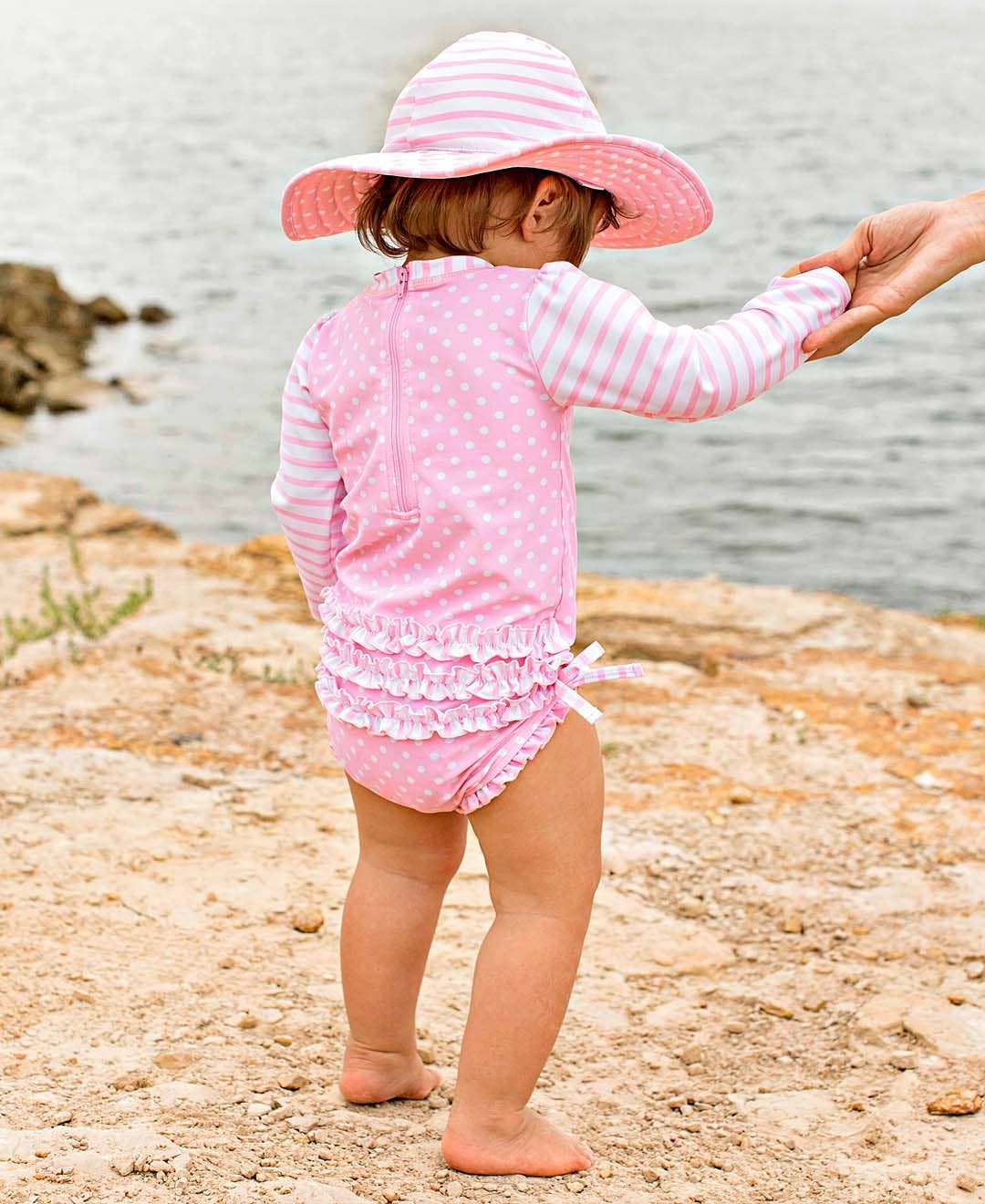 Baby Girls Pink Polka Dot Long Sleeve One Piece Rash Guard Swimsuit with Signature Rear Ruffles