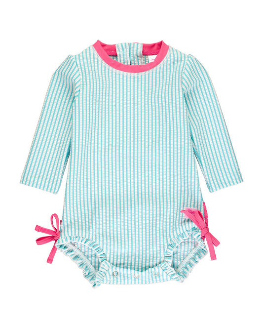 Baby Girls Bright Aqua Seersucker Long Sleeve One Piece Rash Guard Swimsuit with Signature Rear Ruffles