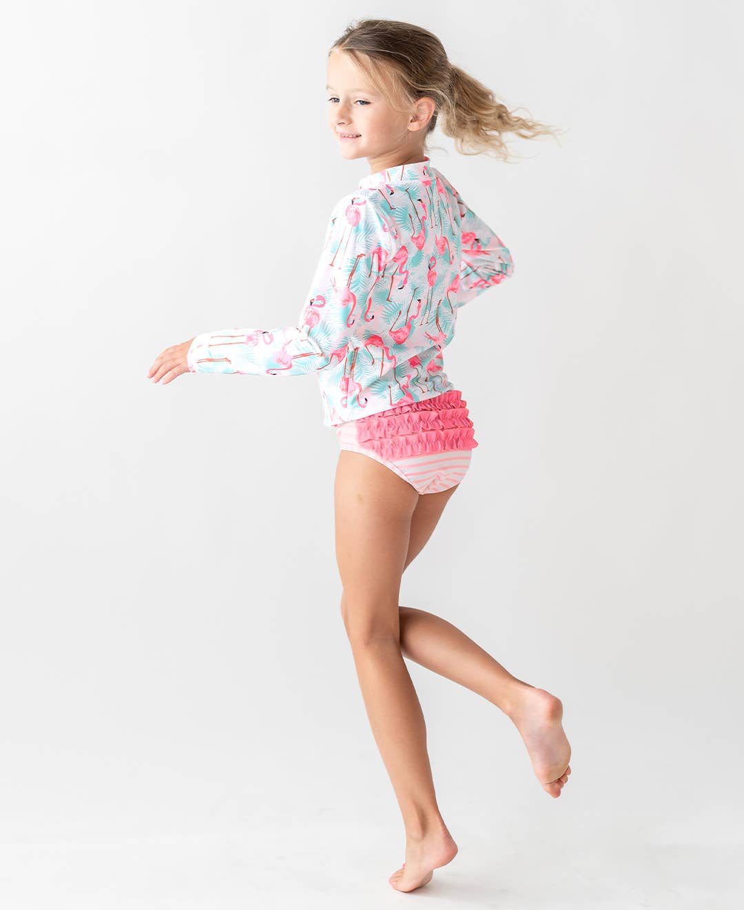 Girls Vibrant Flamingo Long Sleeve Zipper Rash Guard 2-Piece Swimsuit with Signature Rear Ruffles