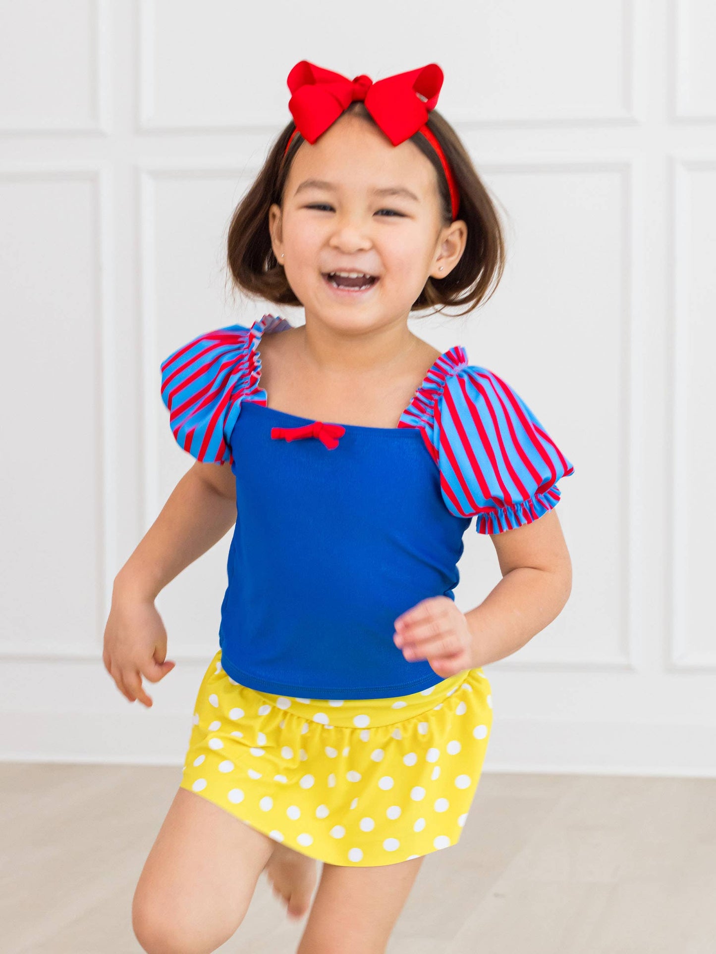 Girls Royal Blue and Yellow Puff Sleeve Skirted 2-Piece Swimsuit