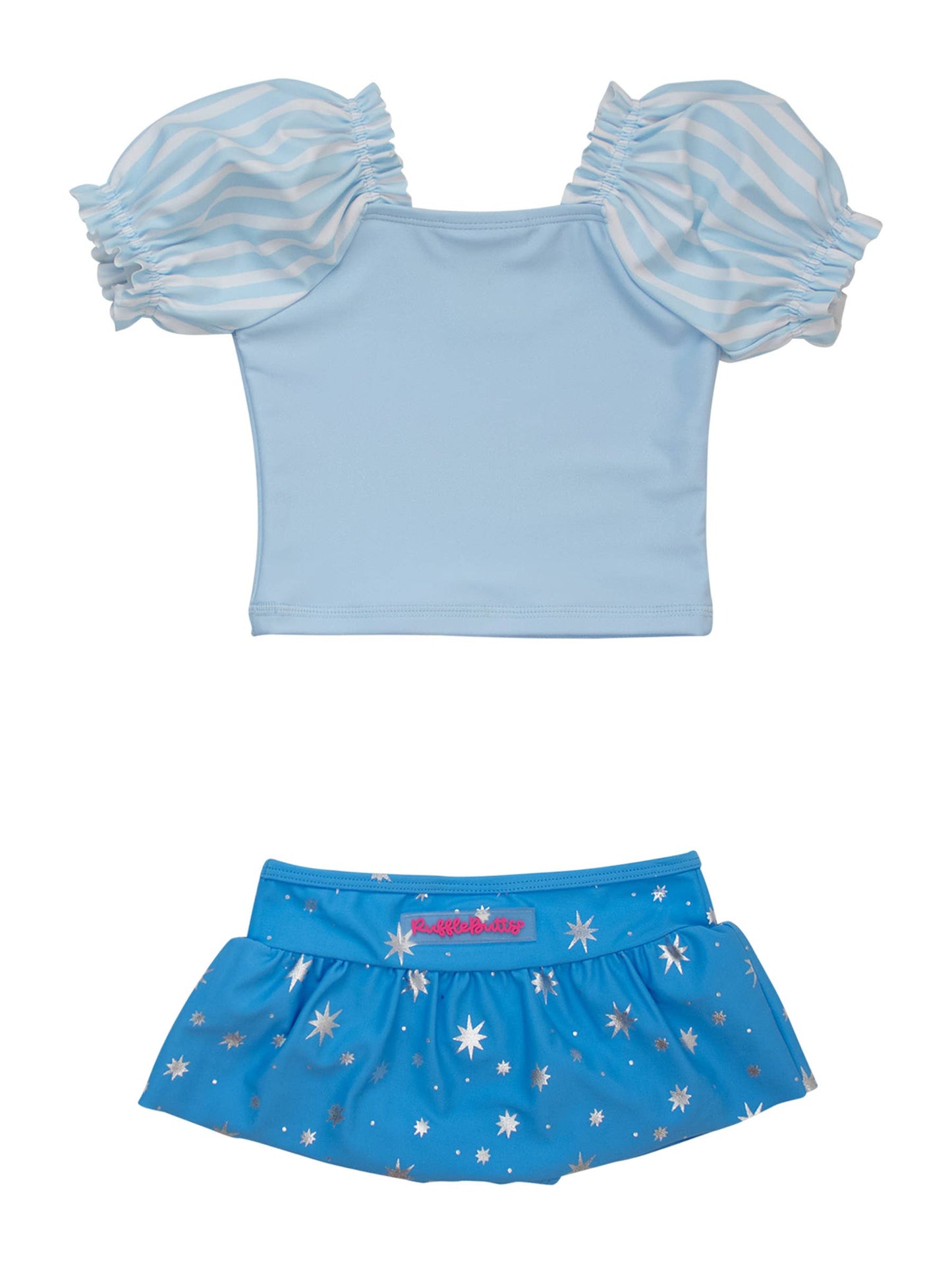 Girls Crystal Blue Princess Puff Sleeve Skirted 2-Piece Swimsuit