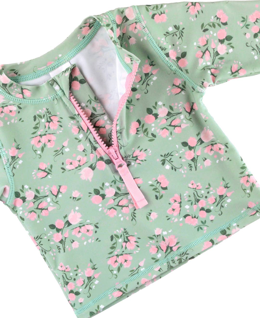 Girls Tea Roses Long Sleeve Zipper Rash Guard 2-Piece Swimsuit with Signature Rear Ruffles