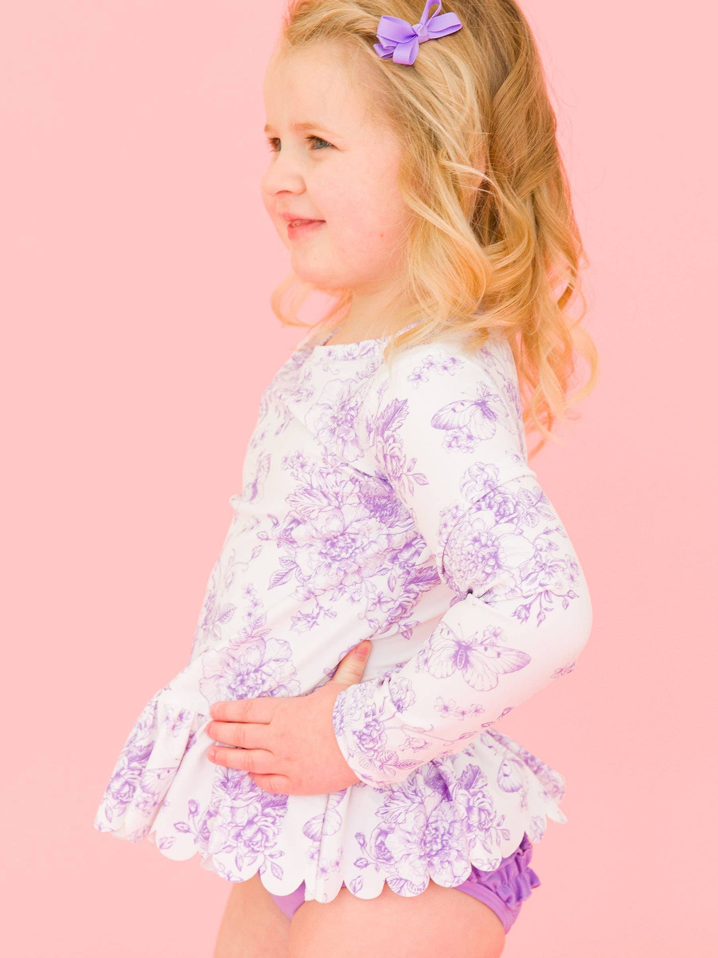 Girls Wisteria Purple Butterfly Garden Toile Scallop Hem Long Sleeve Rash Guard 2-Piece Swimsuit with Signature Rear Ruffles