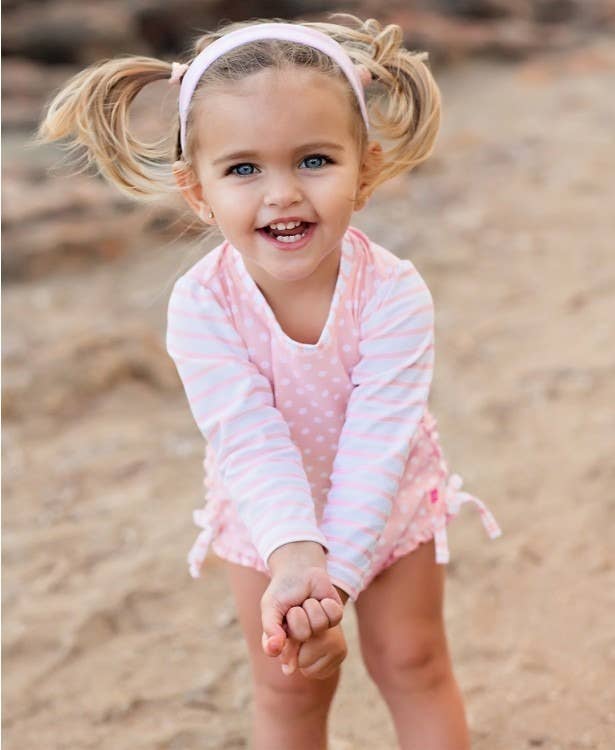 Baby Girls Pink Polka Dot Long Sleeve One Piece Rash Guard Swimsuit with Signature Rear Ruffles