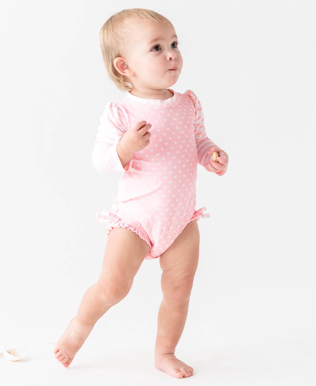 Baby Girls Pink Polka Dot Long Sleeve One Piece Rash Guard Swimsuit with Signature Rear Ruffles