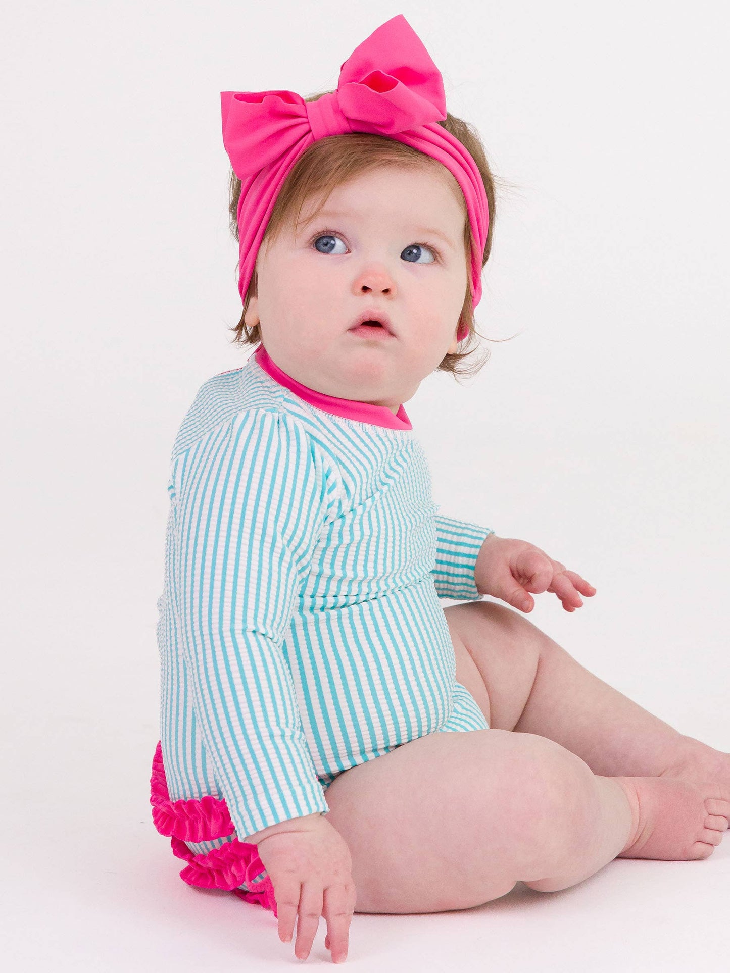 Baby Girls Bright Aqua Seersucker Long Sleeve One Piece Rash Guard Swimsuit with Signature Rear Ruffles