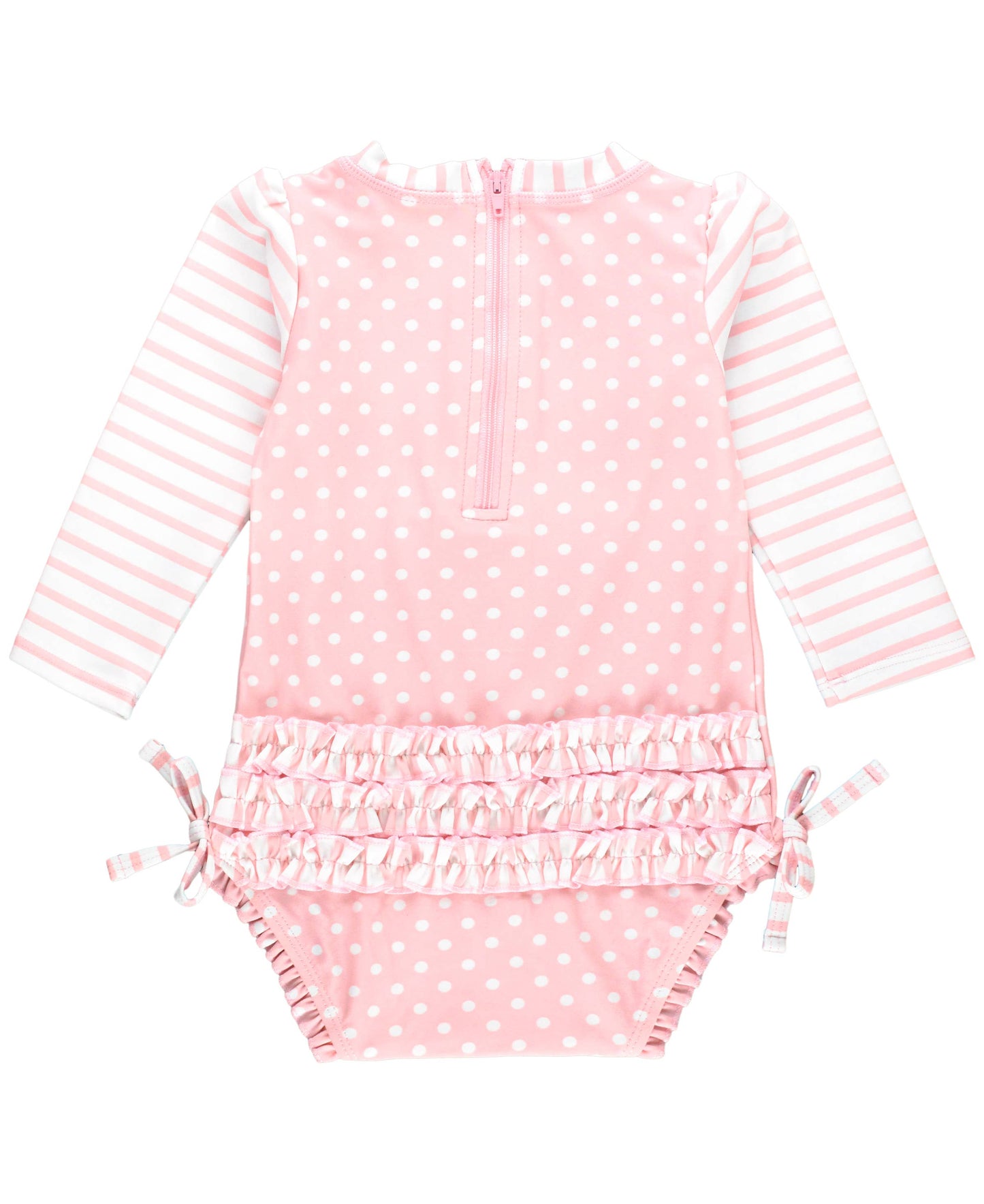 Baby Girls Pink Polka Dot Long Sleeve One Piece Rash Guard Swimsuit with Signature Rear Ruffles