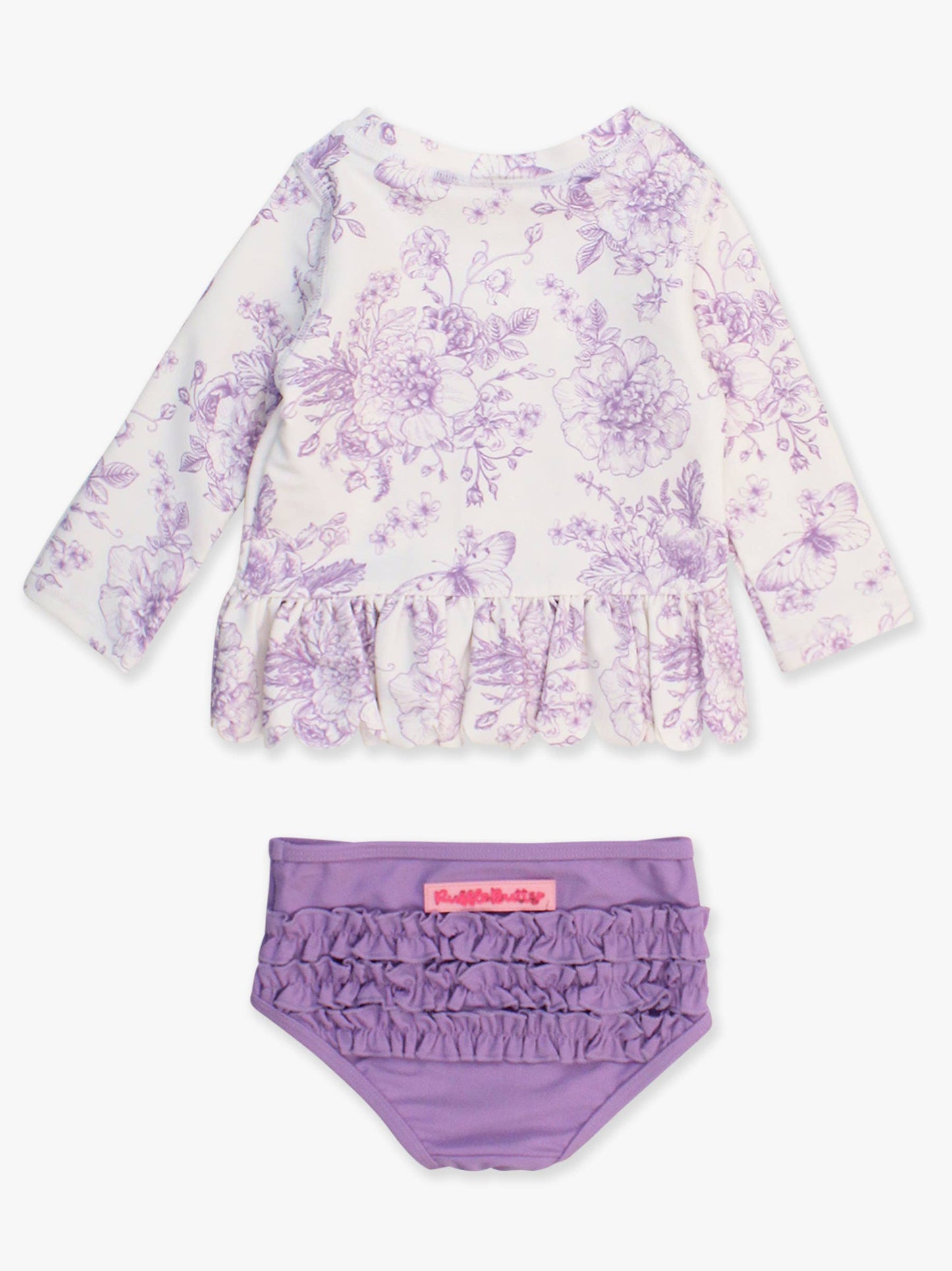 Girls Wisteria Purple Butterfly Garden Toile Scallop Hem Long Sleeve Rash Guard 2-Piece Swimsuit with Signature Rear Ruffles
