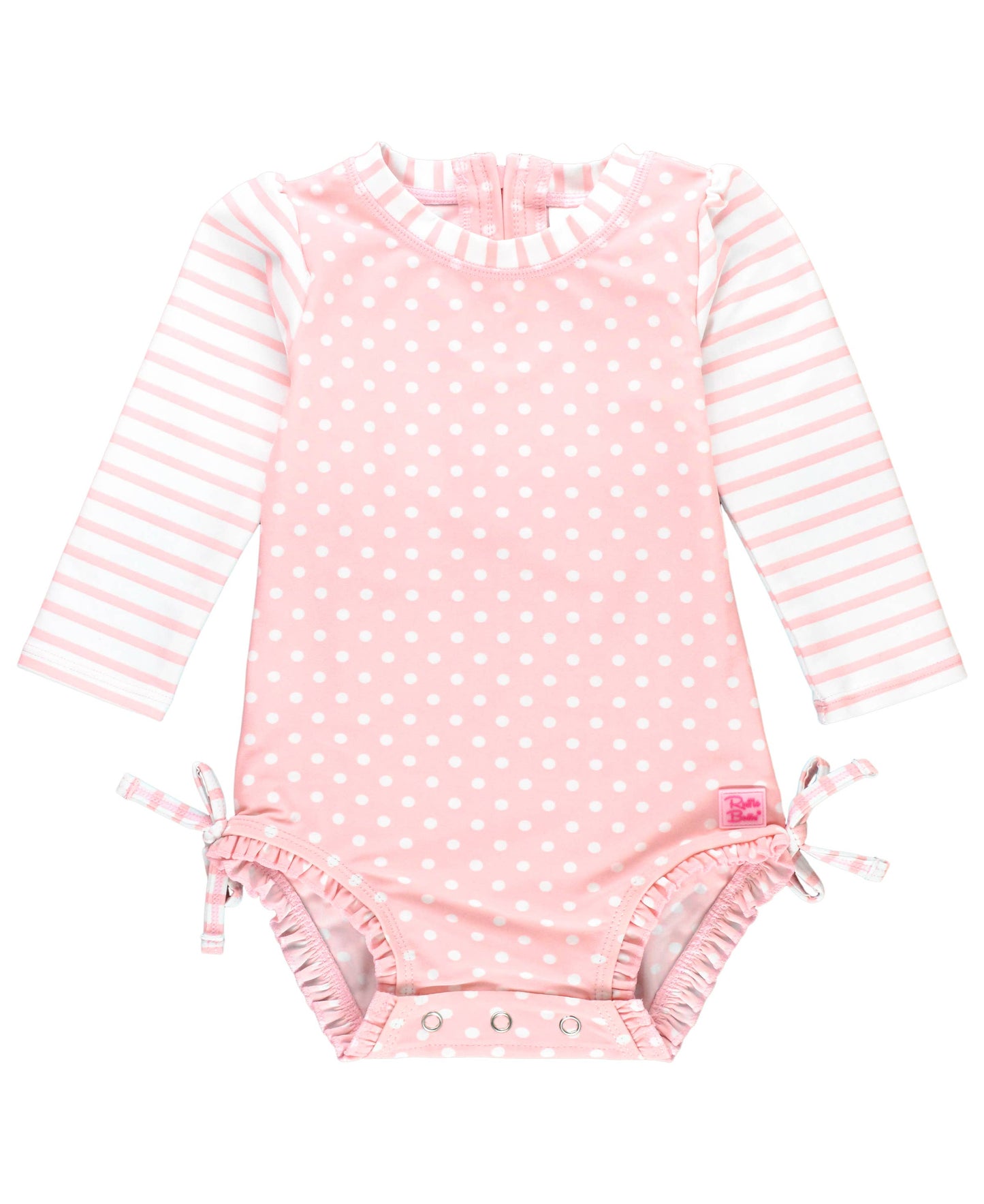 Baby Girls Pink Polka Dot Long Sleeve One Piece Rash Guard Swimsuit with Signature Rear Ruffles