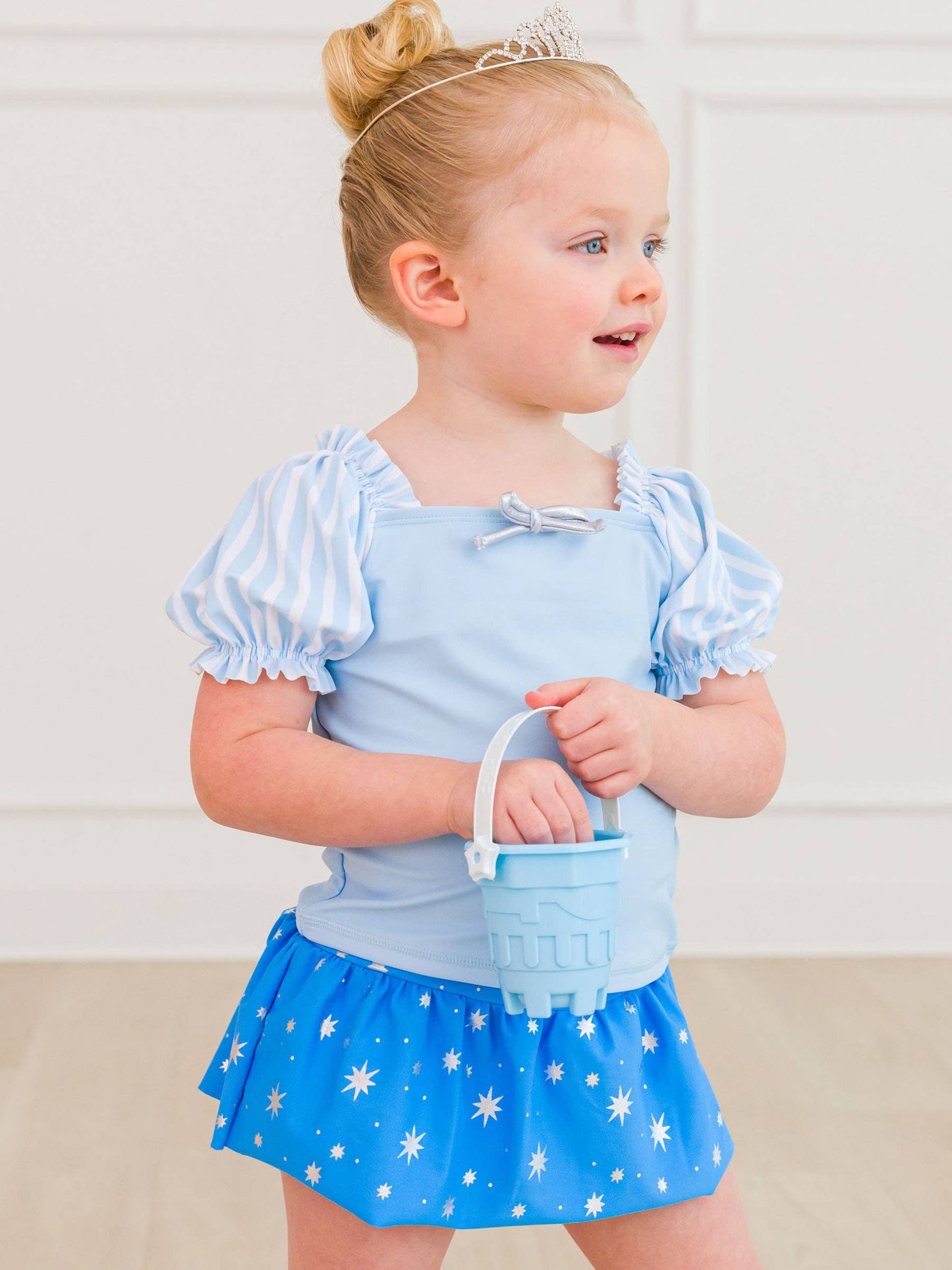 Girls Crystal Blue Princess Puff Sleeve Skirted 2-Piece Swimsuit