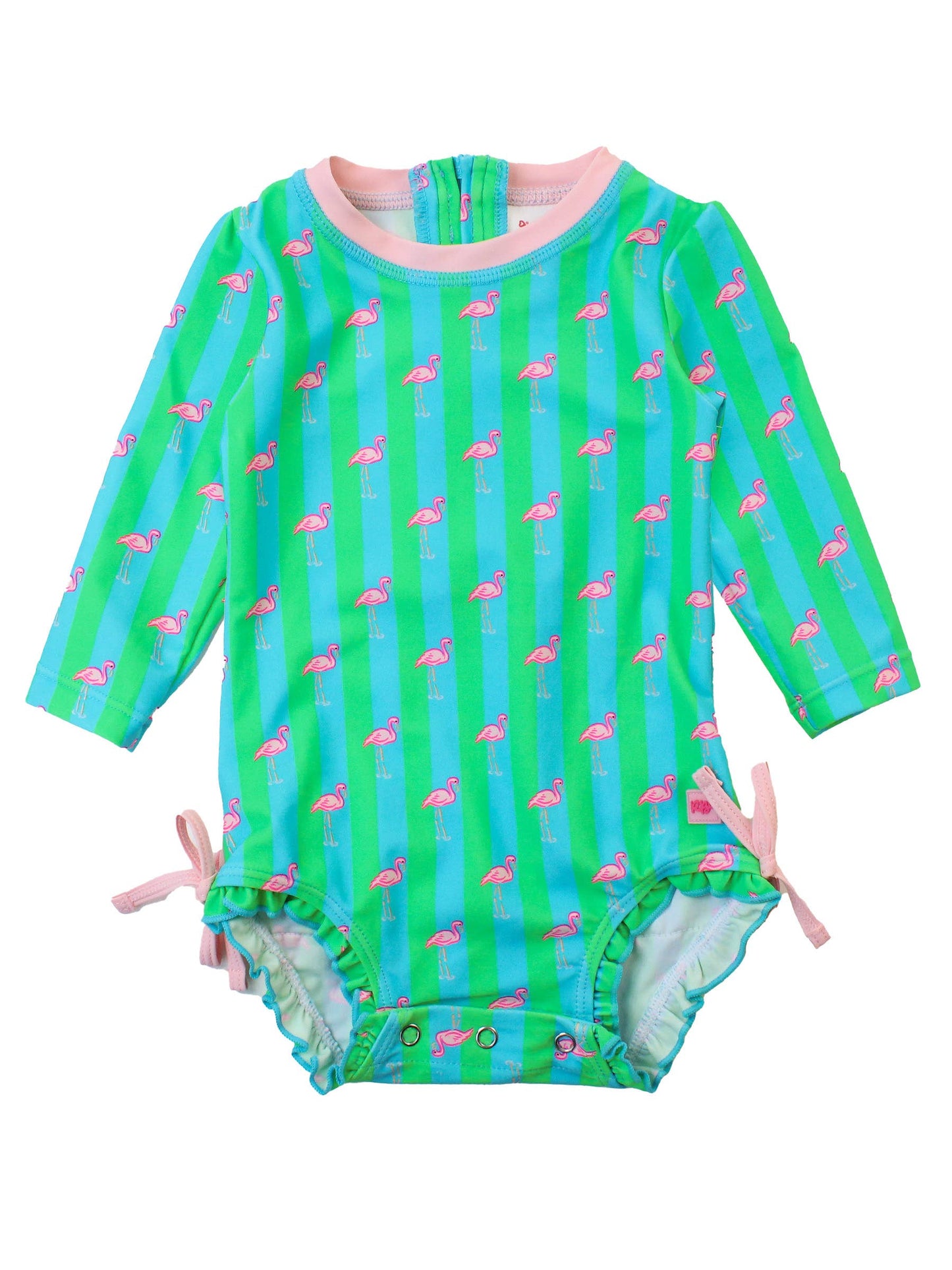 Baby Girls Neon Flamingo Stripe Long Sleeve One Piece Rash Guard Swimsuit with Signature Rear Ruffles