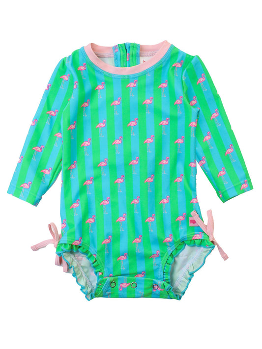 Baby Girls Neon Flamingo Stripe Long Sleeve One Piece Rash Guard Swimsuit with Signature Rear Ruffles