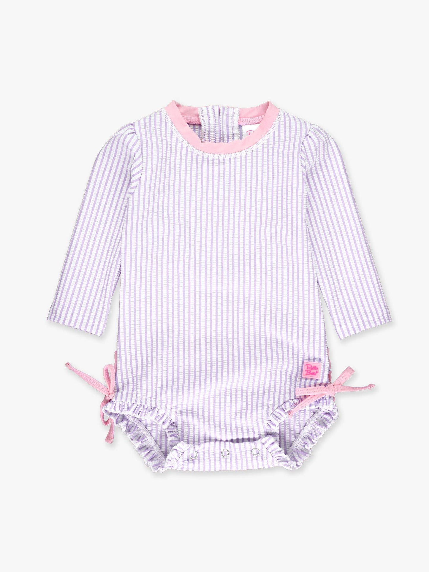 Baby Girls Lavender Seersucker Long Sleeve One Piece Rash Guard Swimsuit with Signature Rear Ruffles