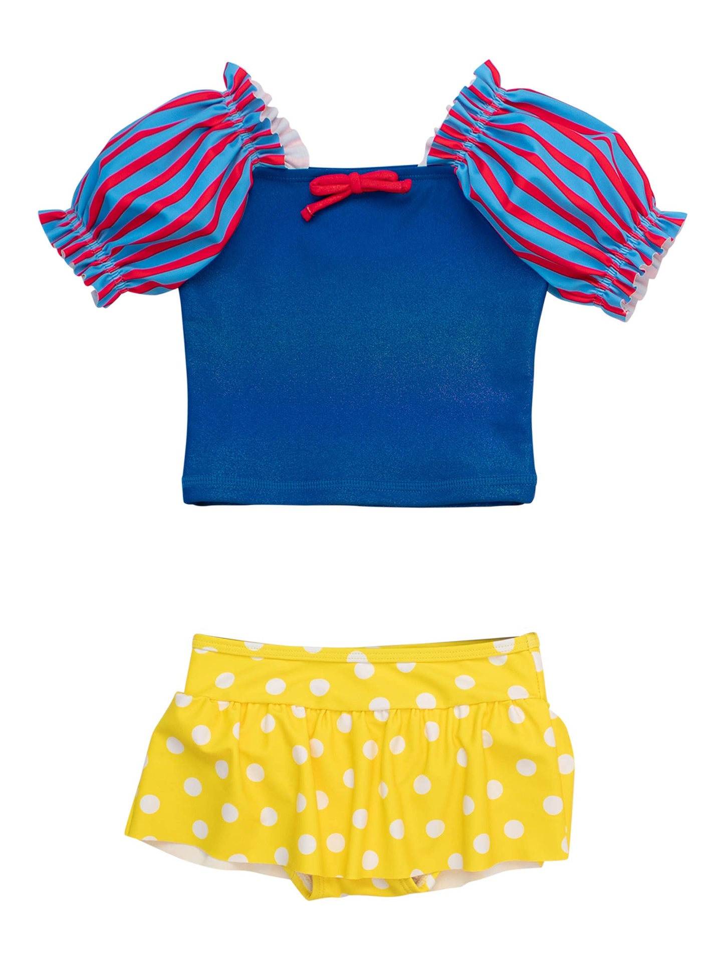 Girls Royal Blue and Yellow Puff Sleeve Skirted 2-Piece Swimsuit