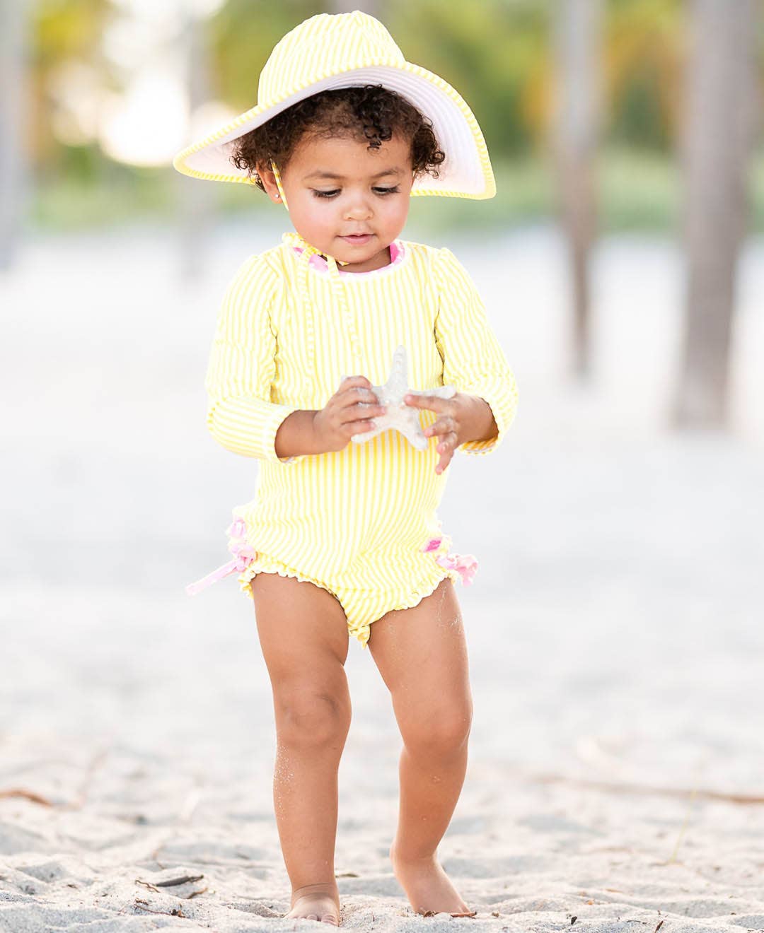 Baby Girls Banana Seersucker Long Sleeve One Piece Rash Guard Swimsuit with Signature Rear Ruffles