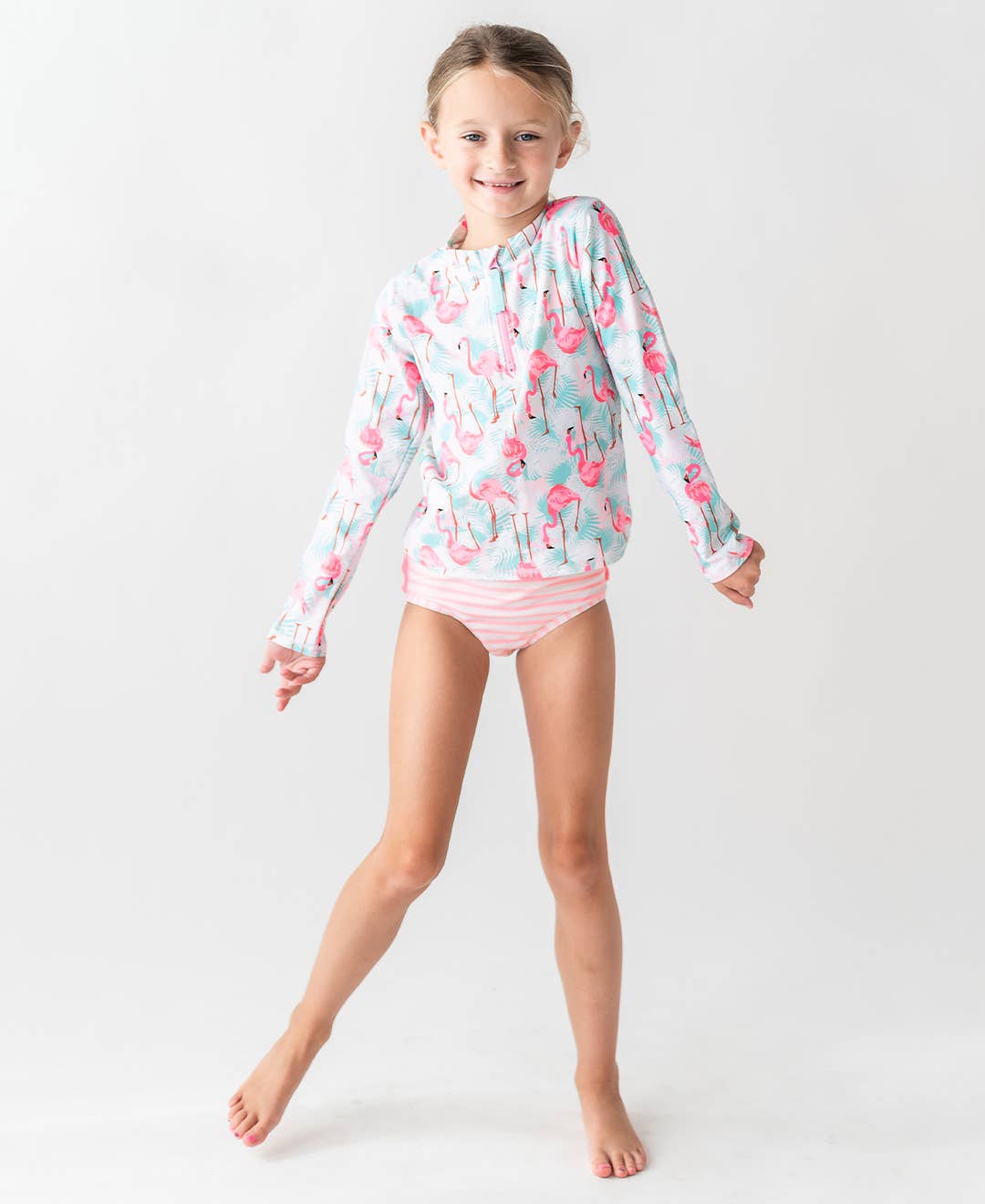 Girls Vibrant Flamingo Long Sleeve Zipper Rash Guard 2-Piece Swimsuit with Signature Rear Ruffles