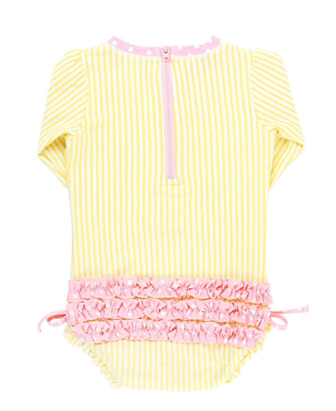 Baby Girls Banana Seersucker Long Sleeve One Piece Rash Guard Swimsuit with Signature Rear Ruffles